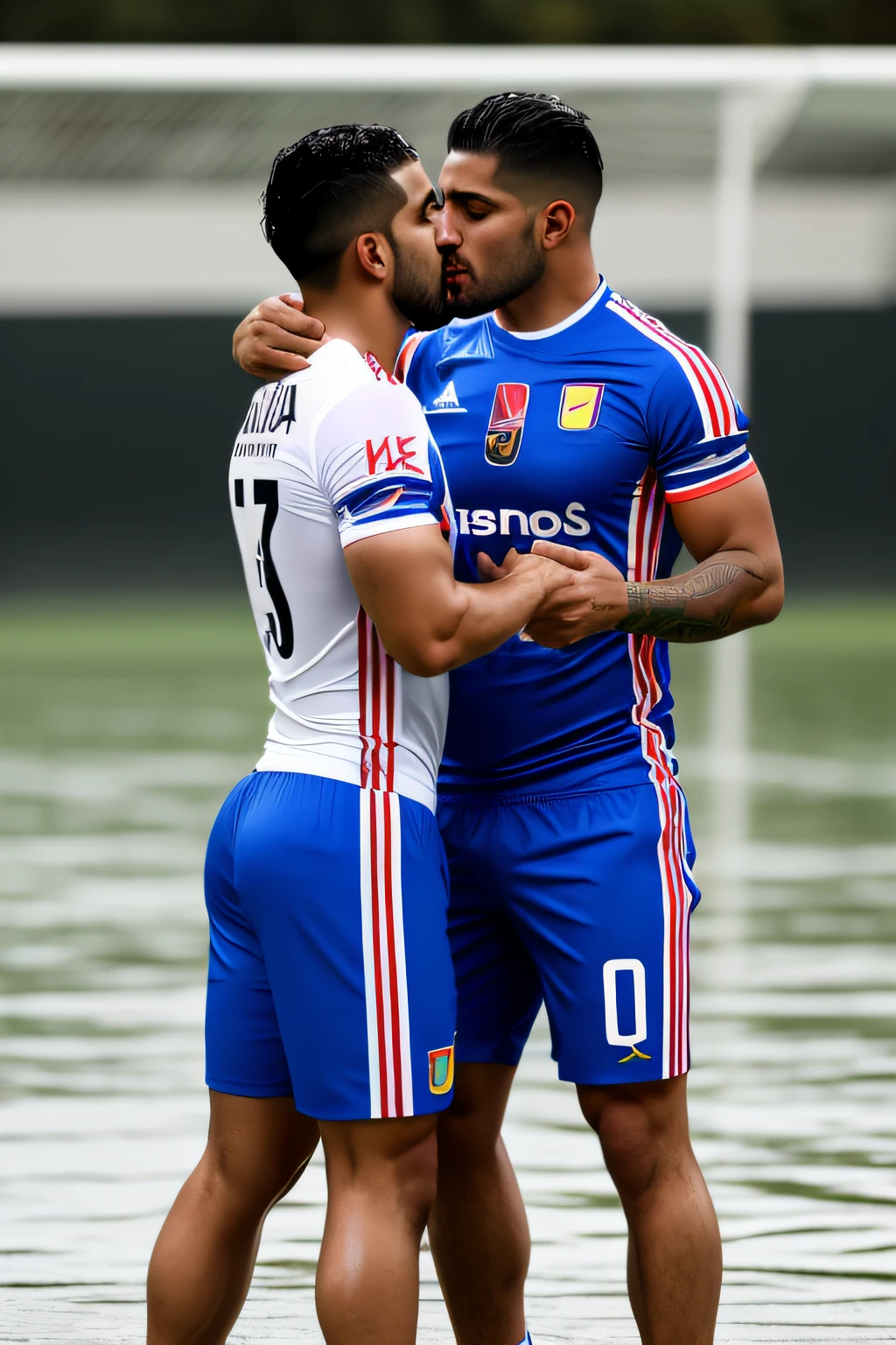 埃米利亚诺和费尔南多·巴尔加斯身穿湿足球服接吻