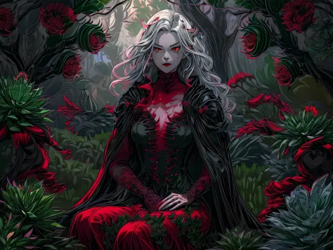 picture of a vampire woman resting in a (black:1.2) and (red:1.2) colored succulents meadow, full body, an exquisite beautiful (...