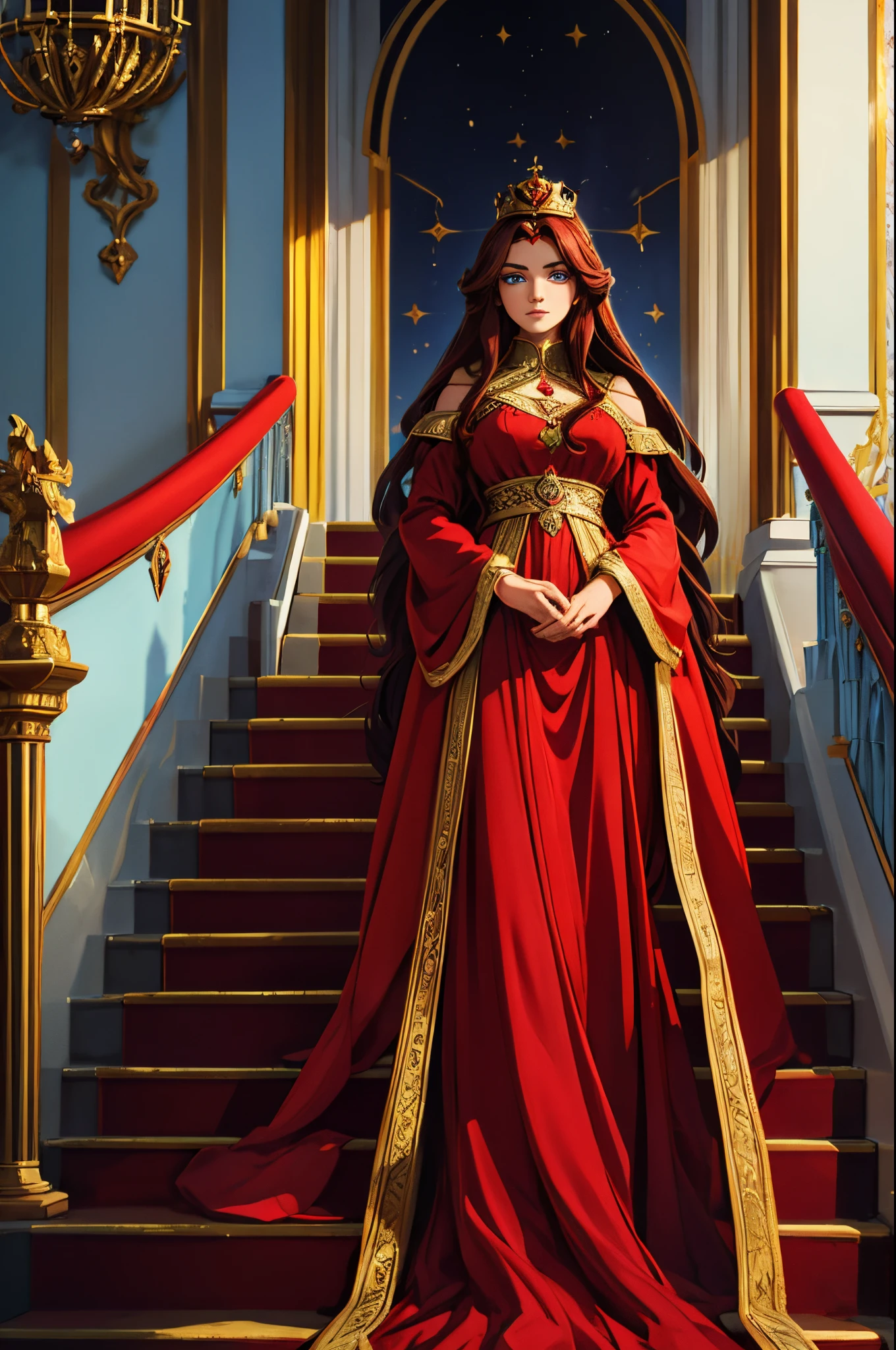 The empress tarot card, going down the stairs, red voluminous dress, long hair, dark hair, perfect face, beautiful woman, queen's dress, crown on her head, palace, high quality, (((perfect eyes))), view by far, more details, (((perfect hands)))