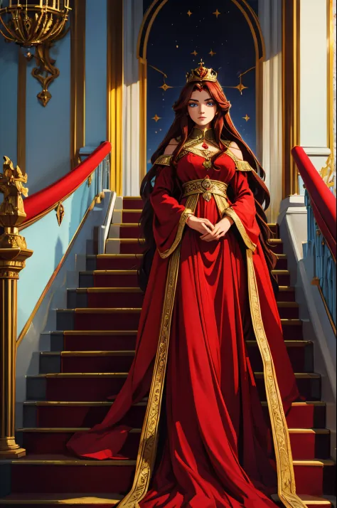 The empress tarot card, going down the stairs, red voluminous dress, long hair, dark hair, perfect face, beautiful woman, queen'...