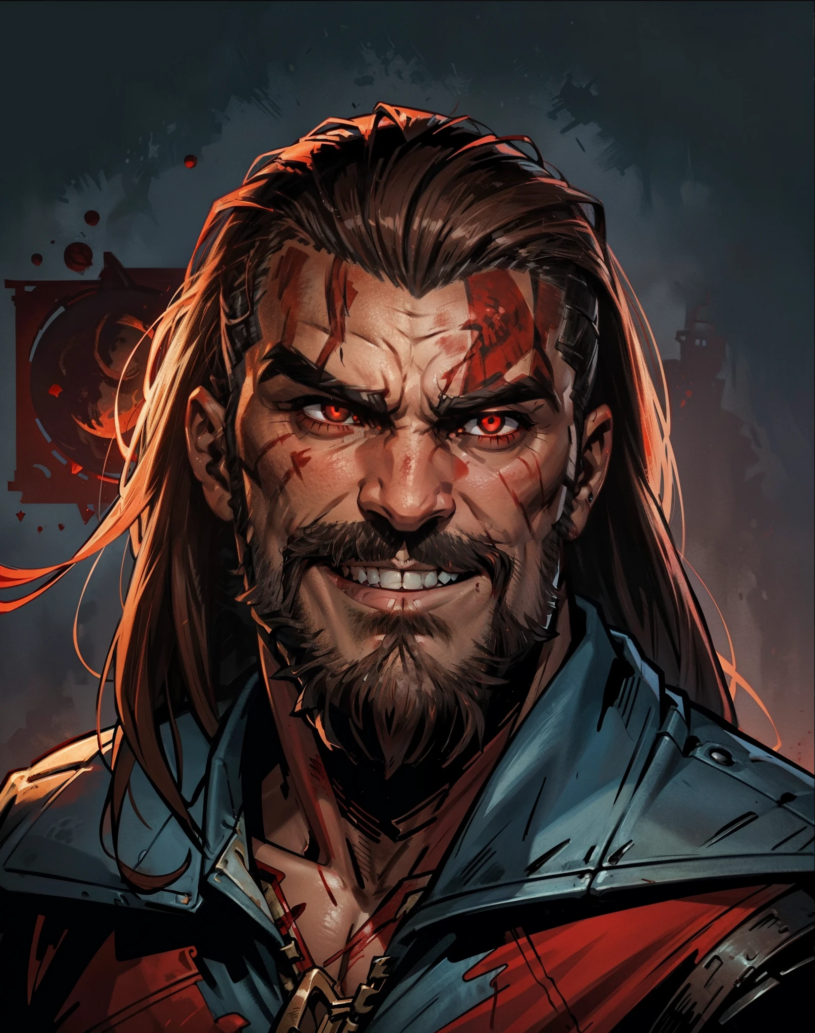 Blood moon background, Darkest Dungeon style.  Vinnie Jones as barbarian, hunk, buffed physics, short mane hair, ((mullet)), defined face, detailed eyes, short beard, glowing red eyes, brown hair, evil smile, white skin, badass, dangerous.