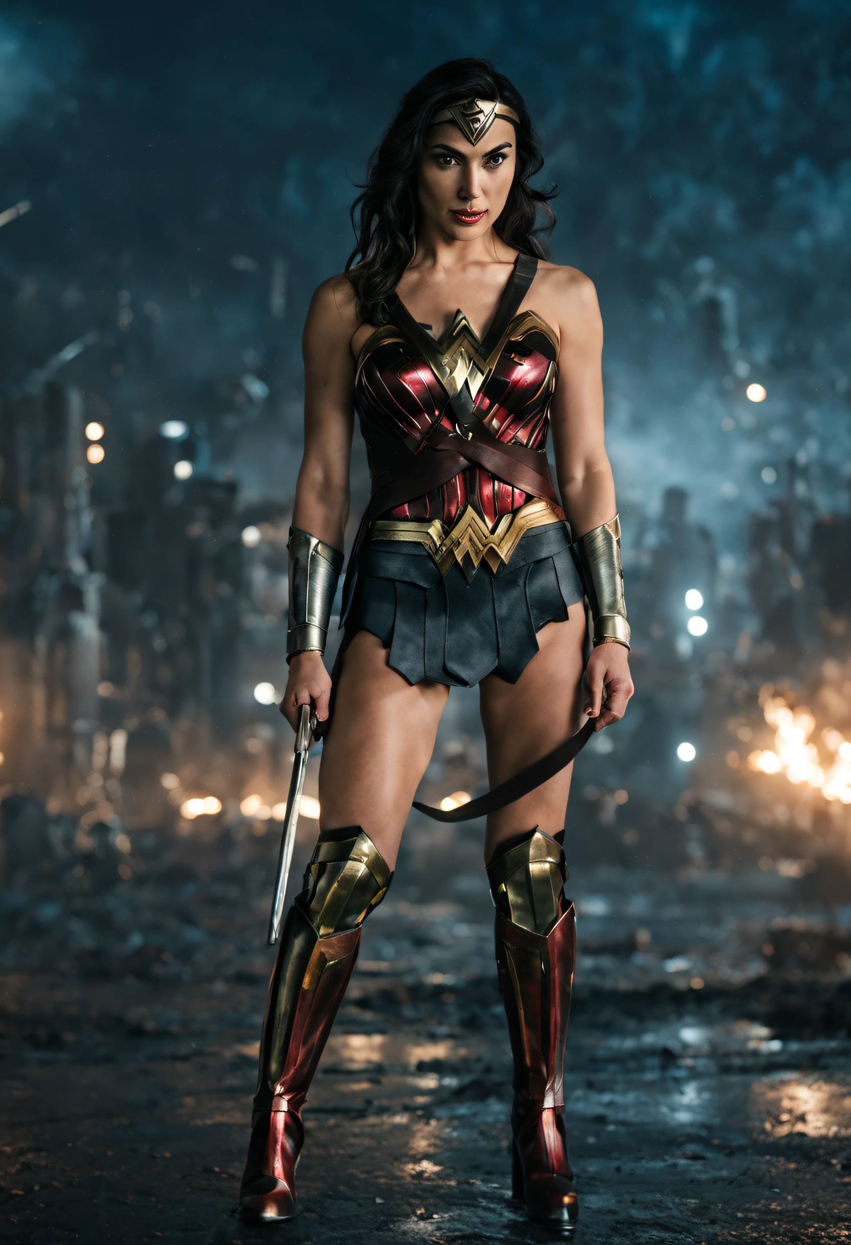 Wonder wonder woman in a wet suit standing in front of a city - SeaArt AI