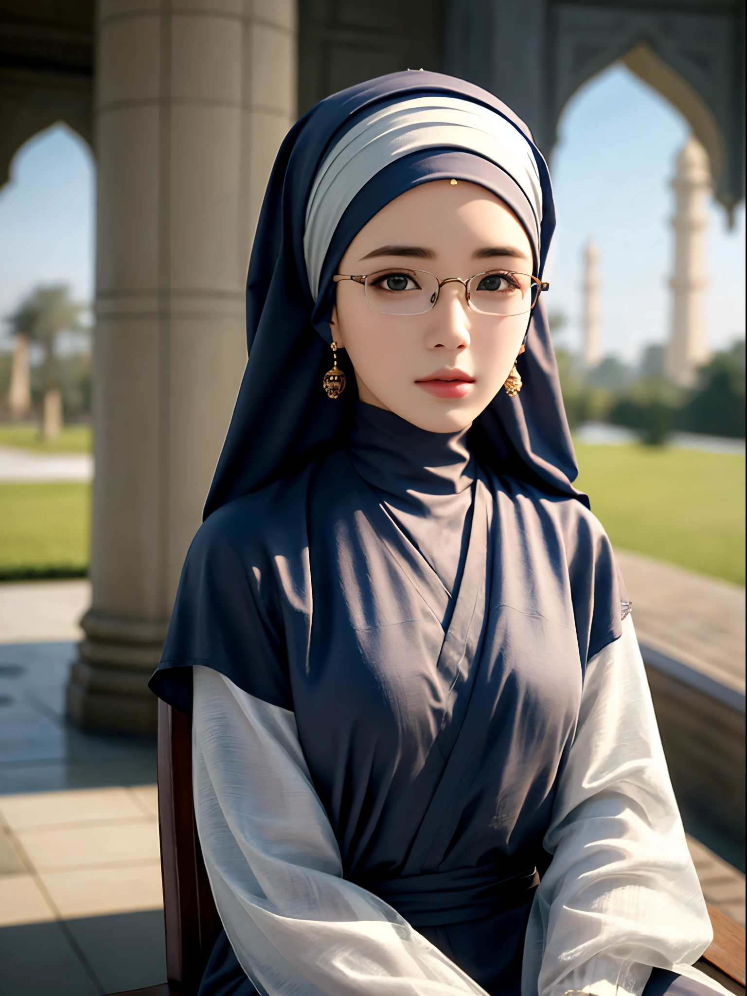 1 garota, (Angeli Khang:1.3), Sozinho, rosto bonito, olhos realistas altamente detalhados, Palpebras duplas, alunos realistas altamente detalhados, sobre o corpo da cabeça à cintura, (usando hijab:1.2), (lenço muçulmano:1.2), óculos de leitura, sentado sozinho em uma cadeira longa, fundo incrível do parque da mesquita, taj mahal