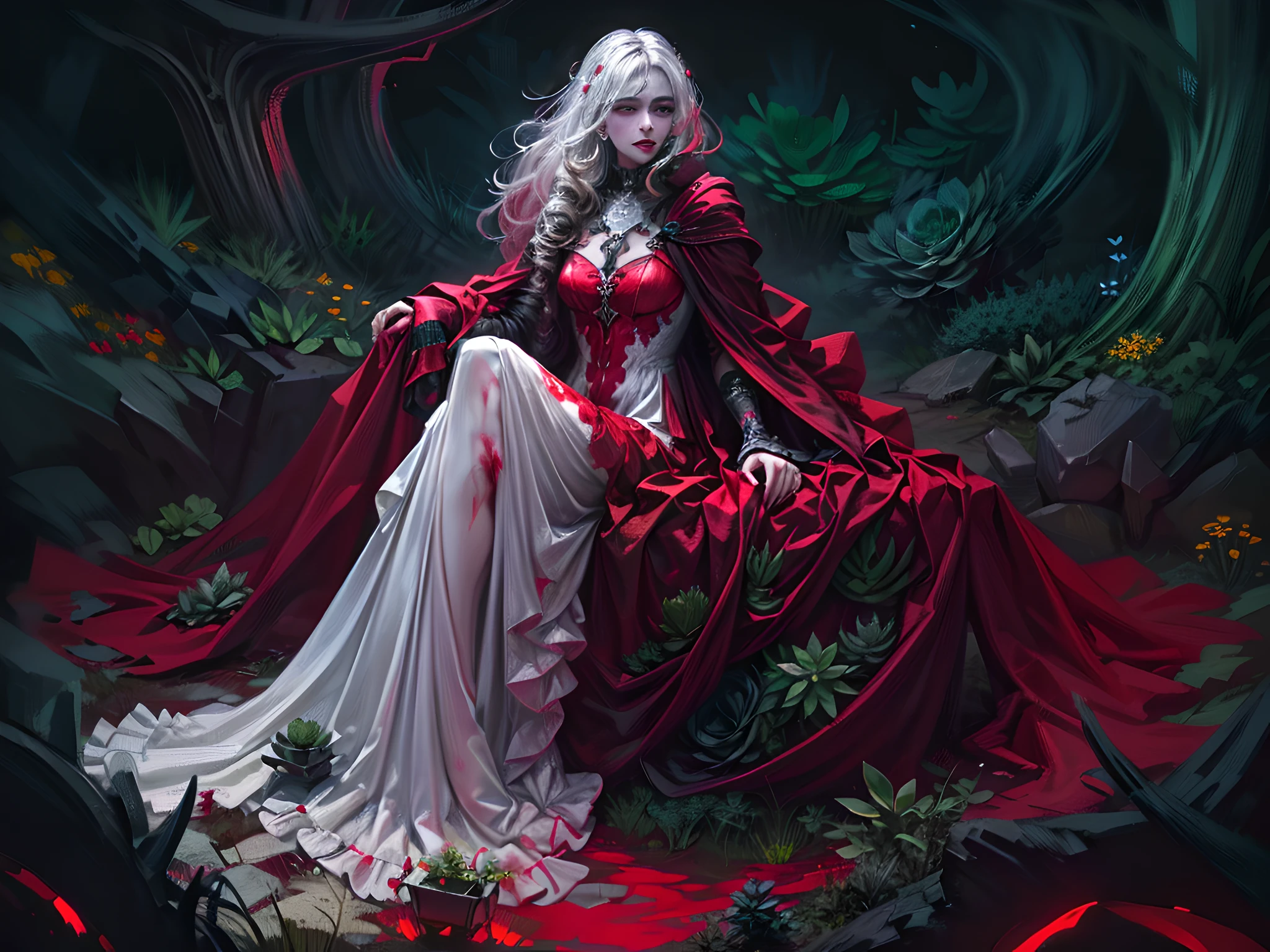 picture of a vampire woman พักผ่อนใน a (สีดำ:1.2) และ (สีแดง:1.2) coloสีแดง succulents meadow, เต็มตัว, สวยงามประณีต (มีรายละเอียดมาก, ผลงานชิ้นเอก, คุณภาพดีที่สุด: 1.4) หญิงแวมไพร์หญิง, มุมไดนามิก (รายละเอียดดีที่สุด, ผลงานชิ้นเอก, คุณภาพดีที่สุด), มีรายละเอียดมาก face (มีรายละเอียดมาก, ผลงานชิ้นเอก, คุณภาพดีที่สุด), เป็นผู้หญิงเป็นพิเศษ, ผิวสีเทา, ผมบลอนด์, ผมหยัก, สีดวงตาแบบไดนามิก, ดวงตาเย็นชา, ดวงตาที่เร่าร้อน, ดวงตาที่รุนแรง, dark สีแดง lips, [เขี้ยว], สวมชุดสีขาว, ชุดเดรสสไตล์หรูหรา (มีรายละเอียดมาก, ผลงานชิ้นเอก, คุณภาพดีที่สุด), สวมเสื้อคลุมสีน้ำเงิน (มีรายละเอียดมาก, ผลงานชิ้นเอก, คุณภาพดีที่สุด), เสื้อคลุมยาว, เสื้อคลุมไหล (มีรายละเอียดมาก, ผลงานชิ้นเอก, คุณภาพดีที่สุด), สวมรองเท้าส้นสูง, พักผ่อนใน (สีดำ และ สีแดง coloสีแดง succulents meadow: 1.6), ชุ่มฉ่ำหยดเลือด, full coloสีแดง, (สเปกตรัมที่สมบูรณ์แบบ: 1.3),( งานที่มีชีวิตชีวา: 1.4) vibrant shades of สีแดง, และ สีดำ) พระจันทร์ขึ้น, แสงจันทร์, เวลากลางคืน, รายละเอียดสูง, ศิลปะแฟนตาซี, RPG art คุณภาพดีที่สุด, 16ก, [มีรายละเอียดมาก], ผลงานชิ้นเอก, คุณภาพดีที่สุด, (มีรายละเอียดมาก), เต็มตัว, ถ่ายภาพมุมกว้างพิเศษ, เหมือนจริง, zrpgstyle
