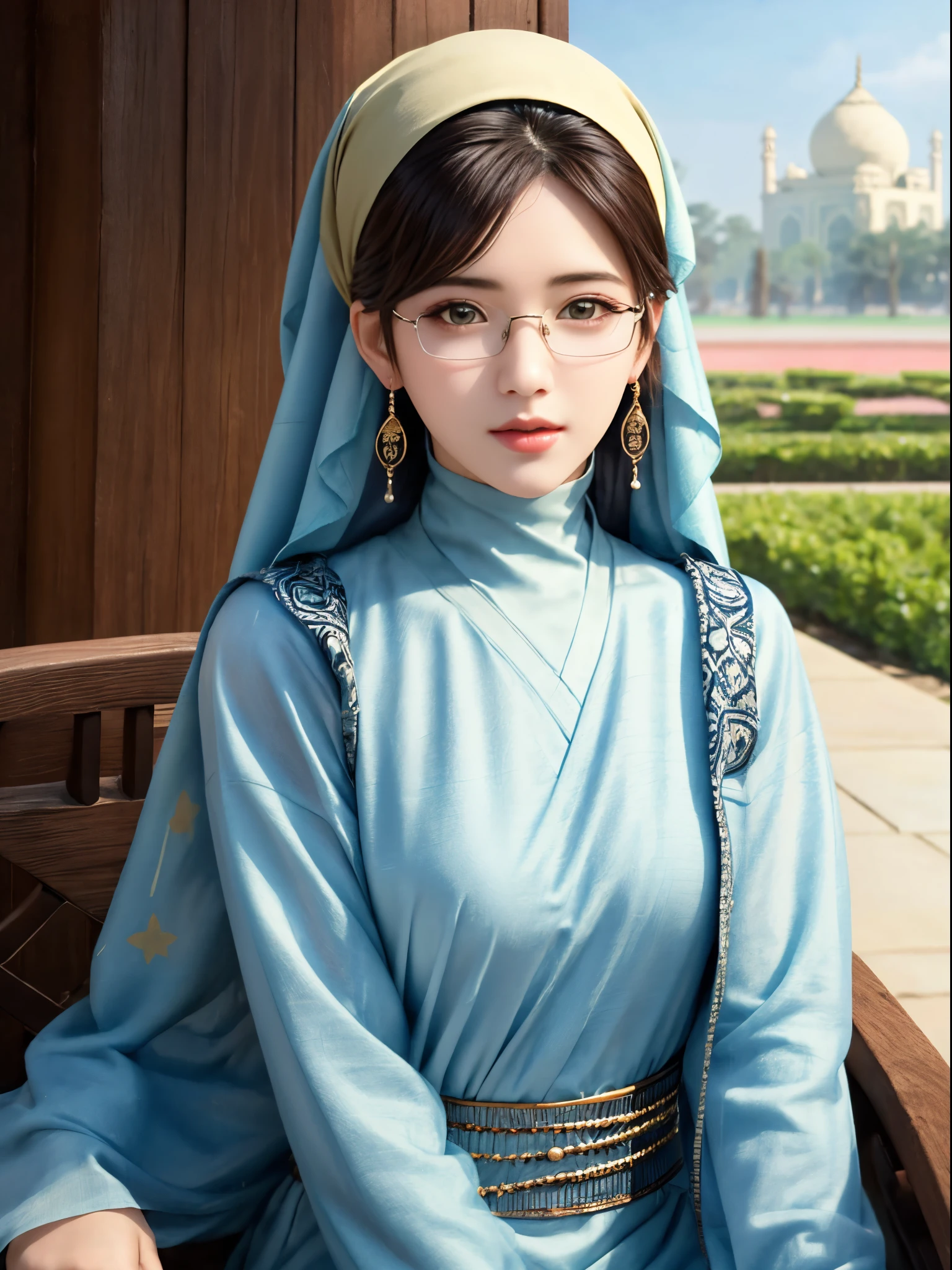 1girl, (Angeli Khang:1.3), solo, beautiful face, high detailed realistic eyes, double eyelids, high detailed realistic pupils, upon body from head to waist, (wearing hijab:1.2), (moslem headscarf:1.2), reading glasses, sitting alone on a long chair, amazing mosque park background, taj mahal