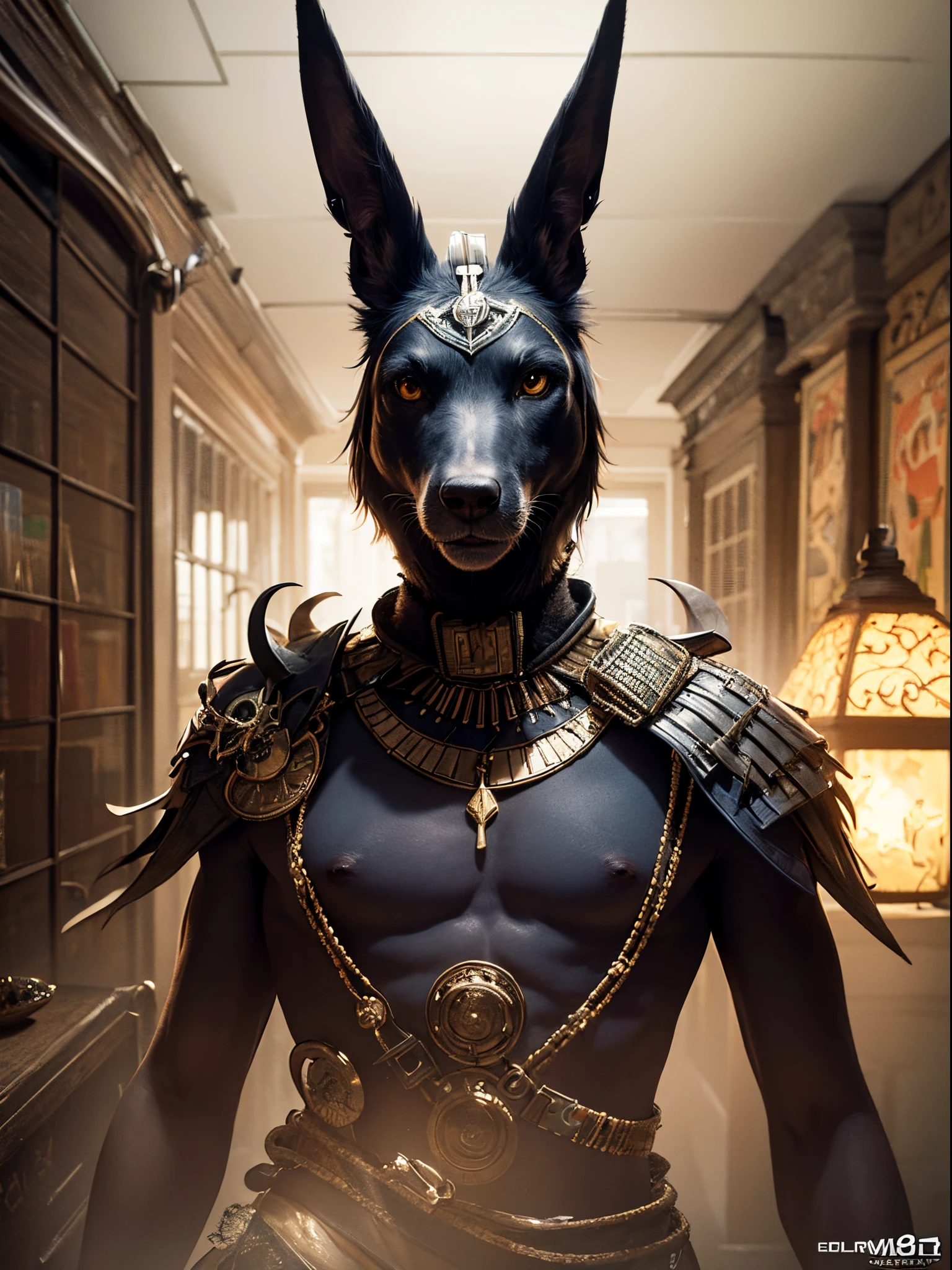 4 k , 8k , High Resolution , Meisterwerk, Anubis , furry , Pelzig , fursona , fur , Fell, dynamisches licht , gaming , Egypt , pyramiden , Mad Max , Dessert , hieroglyphs, Beautiful colors