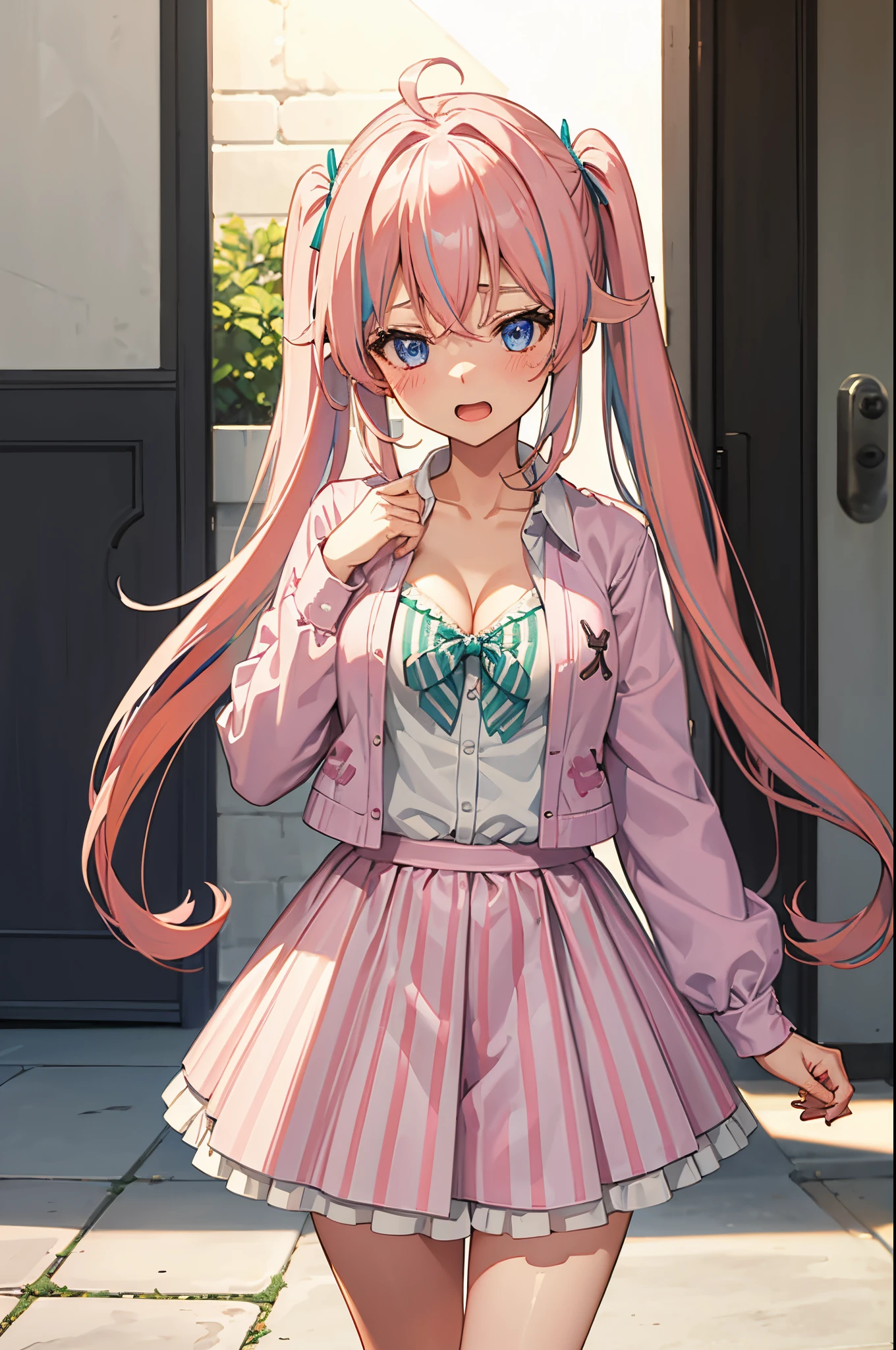 Anime girl with pink hair and blue eyes in a pink dress - SeaArt AI