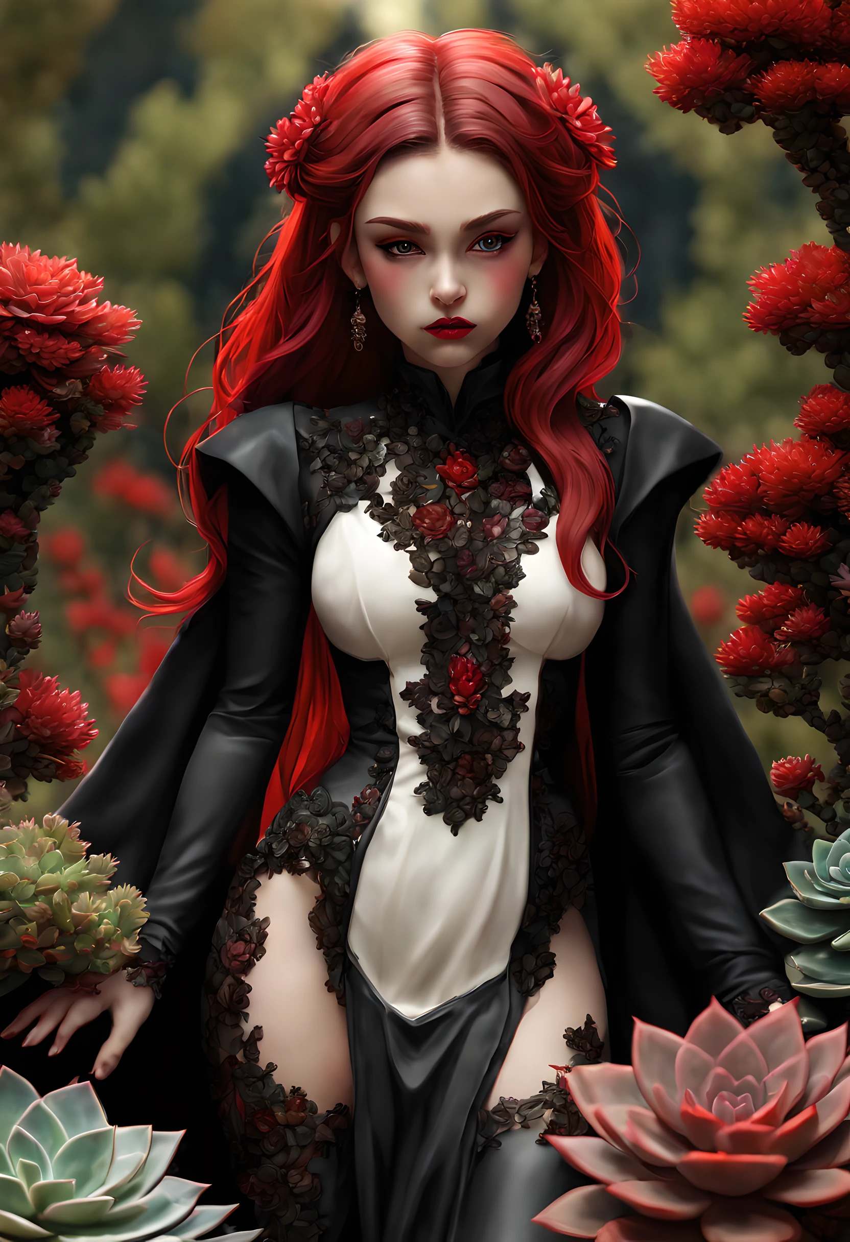 picture of a vampire woman resting in a (black:1.2) and (red:1.2) colored succulents meadow, full body, an exquisite beautiful (ultra detailed, Masterpiece, best quality: 1.4) female vampire woman, dynamic angle (best detailed, Masterpiece, best quality), ultra detailed face (ultra detailed, Masterpiece, best quality), ultra feminine, grey skin, blond hair, wavy hair, dynamic eyes color, cold eyes, glowing eyes, intense eyes, dark red lips, [fangs], wearing white dress, elegant style dress (ultra detailed, Masterpiece, best quality), wearing blue cloak (ultra detailed, Masterpiece, best quality), long cloak, flowing cloak (ultra detailed, Masterpiece, best quality), wearing high heeled boots, resting in (black and red colored succulents meadow: 1.6), succulents dripping blood, full colored, (perfect spectrum: 1.3),( vibrant work: 1.4) vibrant shades of red, and black) moon rising, moon light, its night time, high details, fantasy art, RPG art best quality, 16k, [ultra detailed], masterpiece, best quality, (ultra detailed), full body, ultra wide shot, photorealistic, zrpgstyle