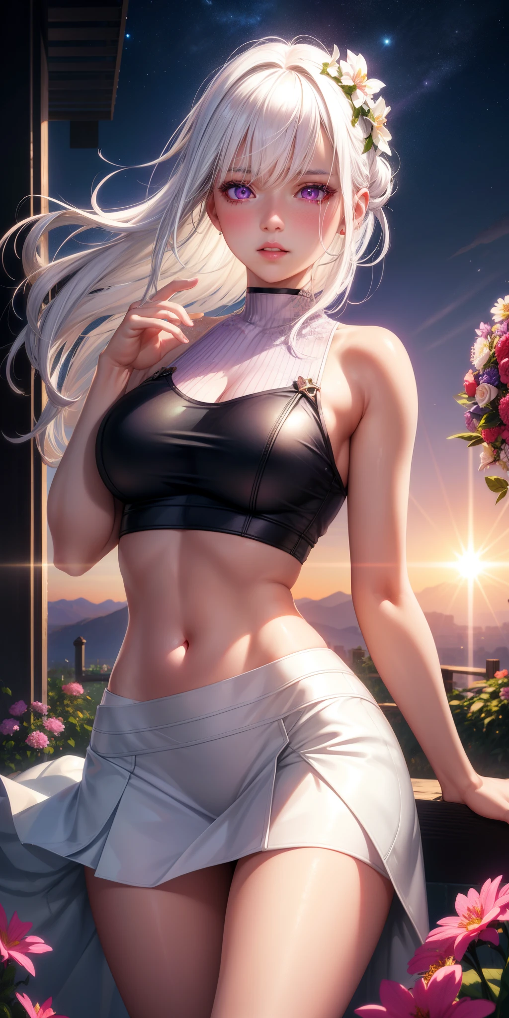 realistic, 1girl, white hair, purple eyes, glowing eyes, crop top, skirt, parted lips, blush, night, flowers, sun, sunlight, hot girl,