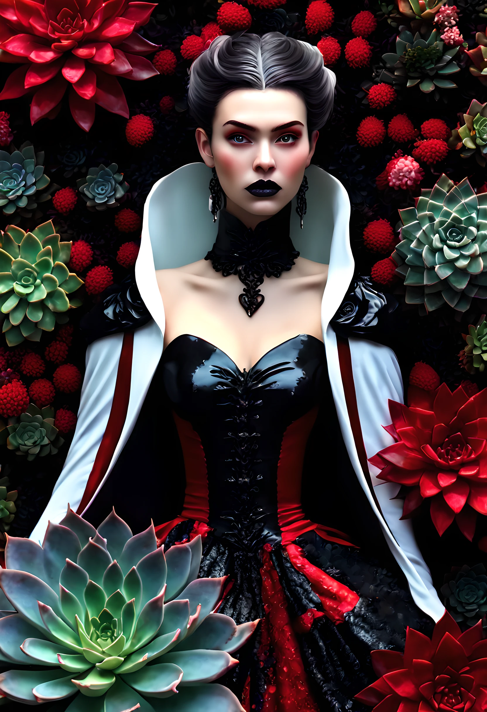 picture of a vampire woman resting in a (black:1.2) and (red:1.2) colored succulents meadow, full body, an exquisite beautiful (ultra detailed, Masterpiece, best quality: 1.4) female vampire woman, dynamic angle (best detailed, Masterpiece, best quality), ultra detailed face (ultra detailed, Masterpiece, best quality), ultra feminine, grey skin, blond hair, wavy hair, dynamic eyes color, cold eyes, glowing eyes, intense eyes, dark red lips, [fangs], wearing white dress, elegant style dress (ultra detailed, Masterpiece, best quality), wearing blue cloak (ultra detailed, Masterpiece, best quality), long cloak, flowing cloak (ultra detailed, Masterpiece, best quality), wearing high heeled boots, resting in (black and red colored succulents meadow: 1.6), succulents dripping blood, full colored, (perfect spectrum: 1.3),( vibrant work: 1.4) vibrant shades of red, and black) moon rising, moon light, its night time, high details, fantasy art, RPG art best quality, 16k, [ultra detailed], masterpiece, best quality, (ultra detailed), full body, ultra wide shot, photorealistic, guild wars