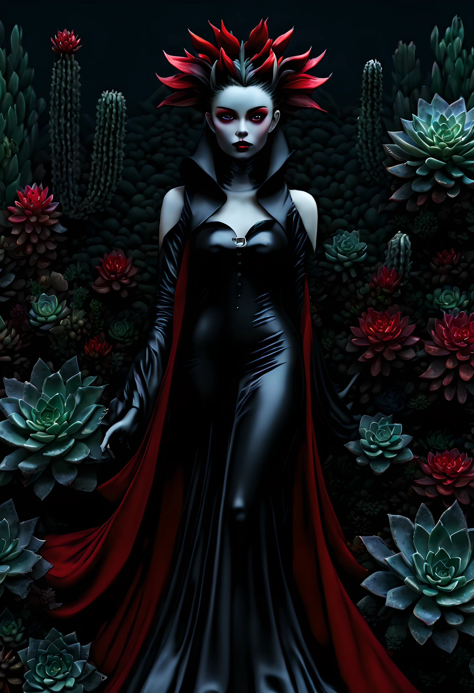picture of a vampire woman отдыхая в a (черный:1.2) и (красный:1.2) coloкрасный succulents meadow, все тело, изысканная красота (Ультрадетализированный, шедевр, Лучшее качество: 1.4) женщина-вампир, динамический угол (лучший подробный, шедевр, Лучшее качество), Ультрадетализированный face (Ультрадетализированный, шедевр, Лучшее качество), ультра женственный, серая кожа, белокурые волосы, волнистые волосы, динамичный цвет глаз, холодные глаза, блестящие глаза, напряженные глаза, dark красный lips, [клыки], в белом платье, элегантное платье фасона (Ультрадетализированный, шедевр, Лучшее качество), носить синий плащ (Ультрадетализированный, шедевр, Лучшее качество), длинный плащ, струящийся плащ (Ультрадетализированный, шедевр, Лучшее качество), носить ботинки на высоком каблуке, отдыхая в (черный и красный coloкрасный succulents meadow: 1.6), суккуленты капают кровь, full coloкрасный, (идеальный спектр: 1.3),( яркая работа: 1.4) vibrant shades of красный, и черный) восход луны, лунный свет, сейчас ночь, высокая детализация, Фэнтези-арт, RPG art Лучшее качество, 16К, [Ультрадетализированный], шедевр, Лучшее качество, (Ультрадетализированный), все тело, ультра широкий план, фотореалистичный, войны гильдий
