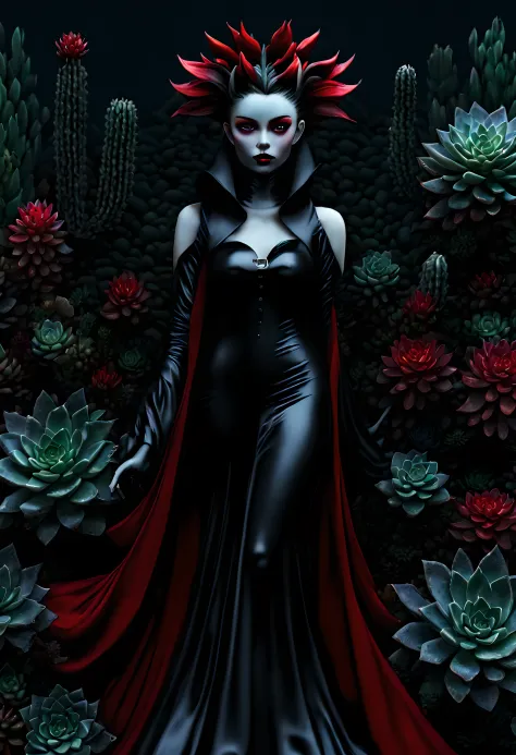 picture of a vampire woman resting in a (black:1.2) and (red:1.2) colored succulents meadow, full body, an exquisite beautiful (...