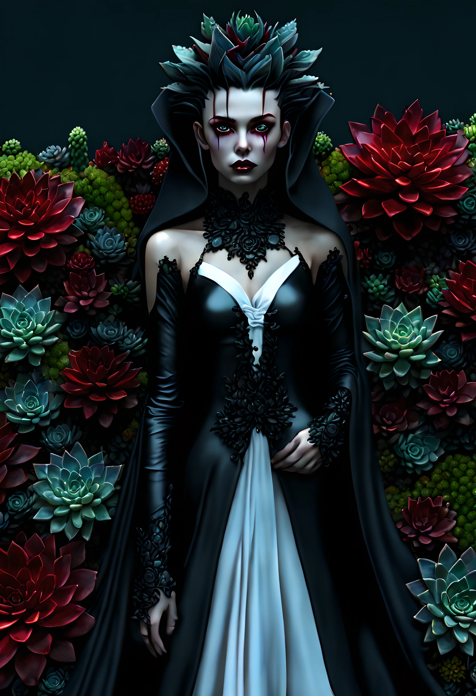 picture of a vampire woman resting in a (black:1.2) and (red:1.2) colored succulents meadow, full body, an exquisite beautiful (ultra detailed, Masterpiece, best quality: 1.4) female vampire woman, dynamic angle (best detailed, Masterpiece, best quality), ultra detailed face (ultra detailed, Masterpiece, best quality), ultra feminine, grey skin, blond hair, wavy hair, dynamic eyes color, cold eyes, glowing eyes, intense eyes, dark red lips, [fangs], wearing white dress, elegant style dress (ultra detailed, Masterpiece, best quality), wearing blue cloak (ultra detailed, Masterpiece, best quality), long cloak, flowing cloak (ultra detailed, Masterpiece, best quality), wearing high heeled boots, resting in (black and red colored succulents meadow: 1.6), succulents dripping blood, full colored, (perfect spectrum: 1.3),( vibrant work: 1.4) vibrant shades of red, and black) moon rising, moon light, its night time, high details, fantasy art, RPG art best quality, 16k, [ultra detailed], masterpiece, best quality, (ultra detailed), full body, ultra wide shot, photorealistic, guild wars