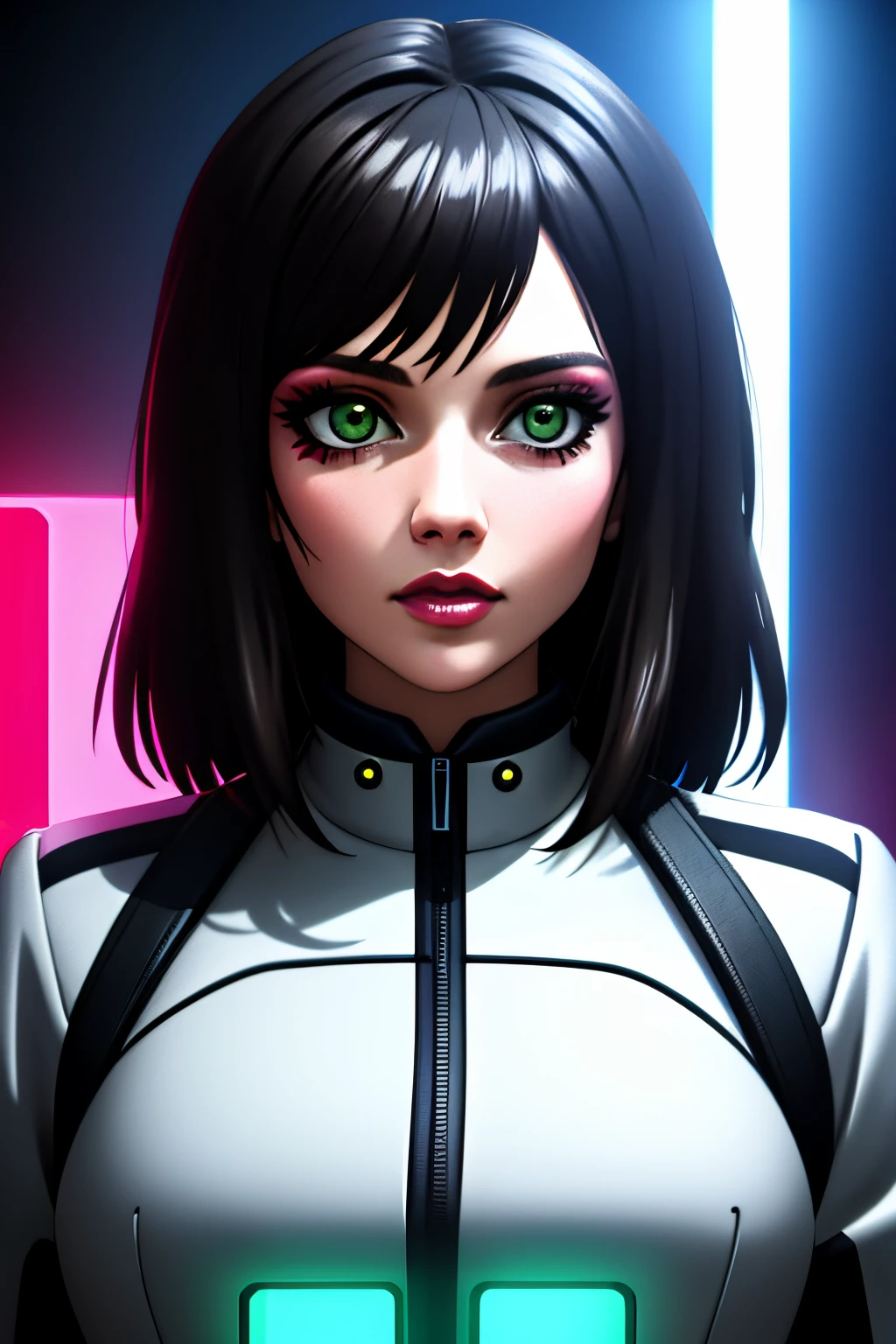 woman with glowing hair and green eyes, cyberpunk art, Android Jones, retrofuturism, depicted as a 3 d render, face icon, Cinematographic CG Society, Unreal engine : : rave makeup, Fashionable futuristic woman, Neon Cinematographer Margot Robbie, Anthropomorphic female