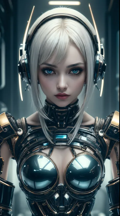Android Woman, Robot Woman, Hyper Realistic, Girl in platinum body jewelry, Highly Detailed Face and Skin Texture, Grandes ojos ...