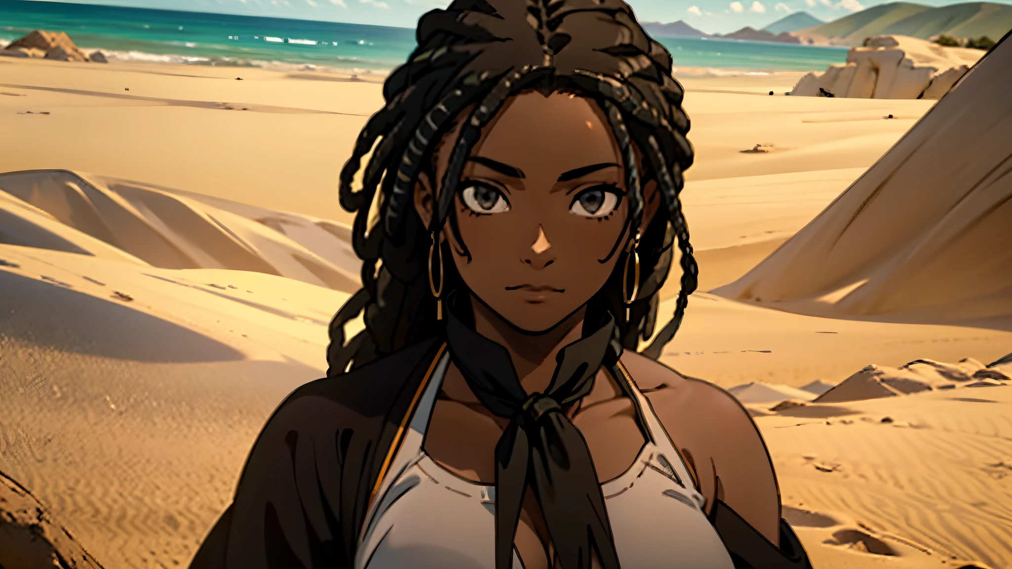 (best qualityer), anime styling, black female, very negative skin, linda, Perfect Anatomia, perfectbody,(with white hair), very voluminous hair, Dreadlocks, dreadslocks , Dreadlocks, Dreadlocks , Dreadlocks, Dreadlocks, Dreadlocks, Dreadlocks,wearing a desert tunic, neck scarves, golden beads, desert background with lots of sand, beautiful girl.