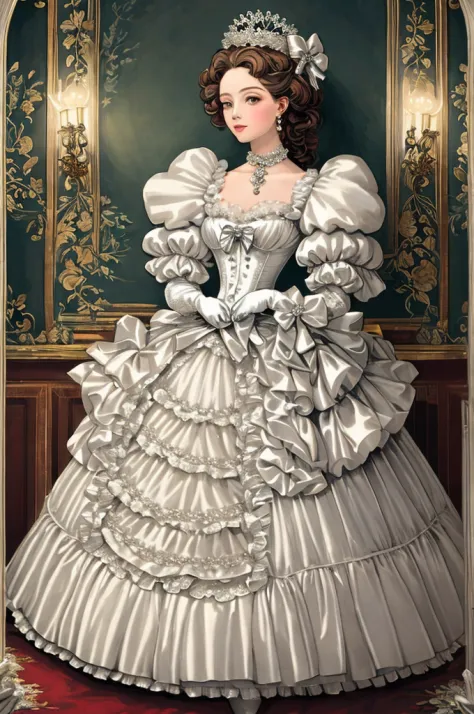 Fairytale Illustration, A Stately and Elaborate Royal Victorian Court Dress of silver damask adorned with (((bows))), poufs, ruf...