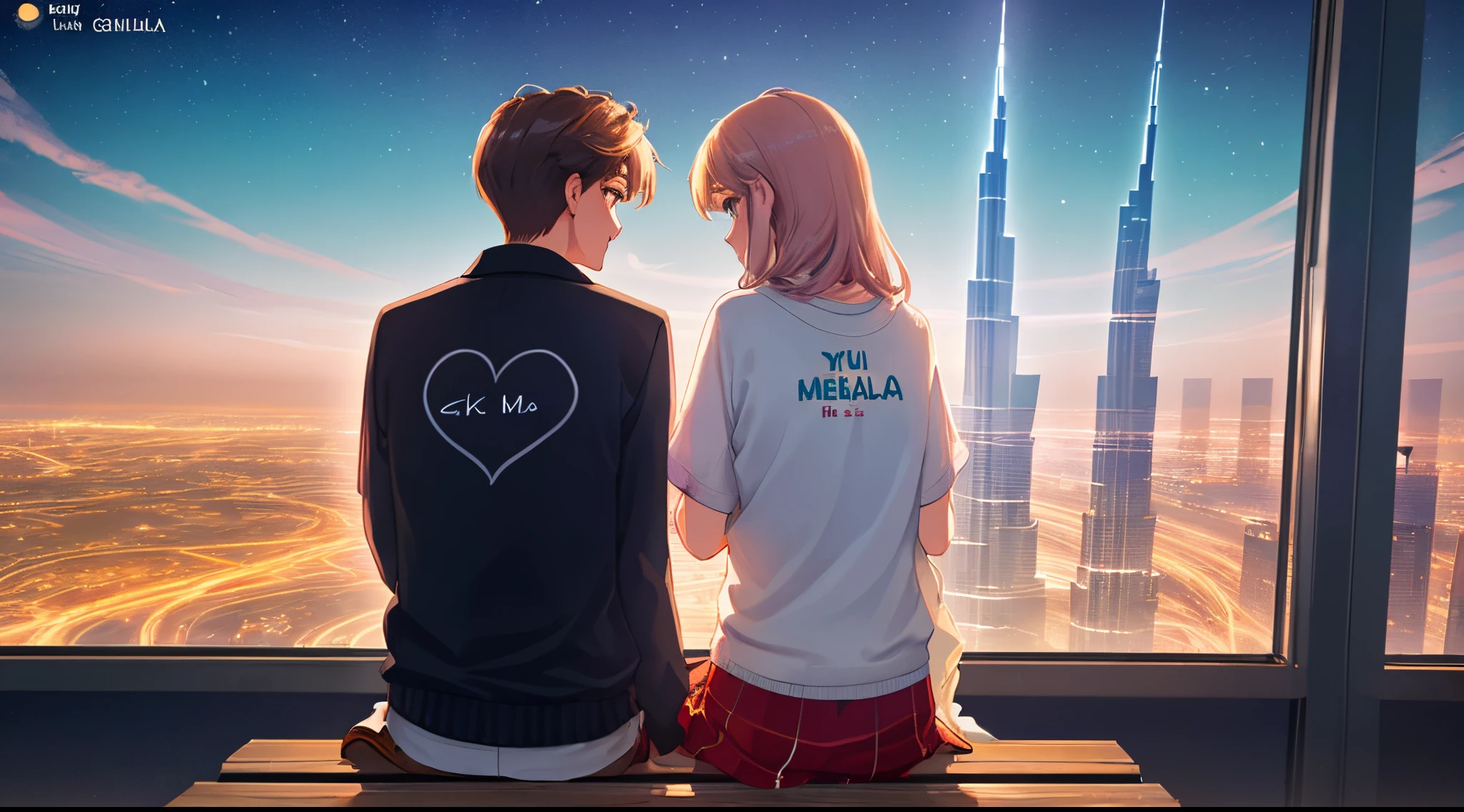 Anime couple sitting on a bench looking out a window at a city - SeaArt AI