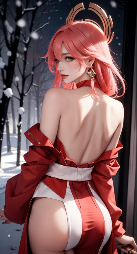 ((winter background)), ((Japan snowing forest background)), (((luminous background))), (turning back, (back shot), ass focus, brow front,:1.2), (Masterpiece, Excellent, 1girl, solo, complex details, color difference), realism, ((medium breath)), off-the-sh...