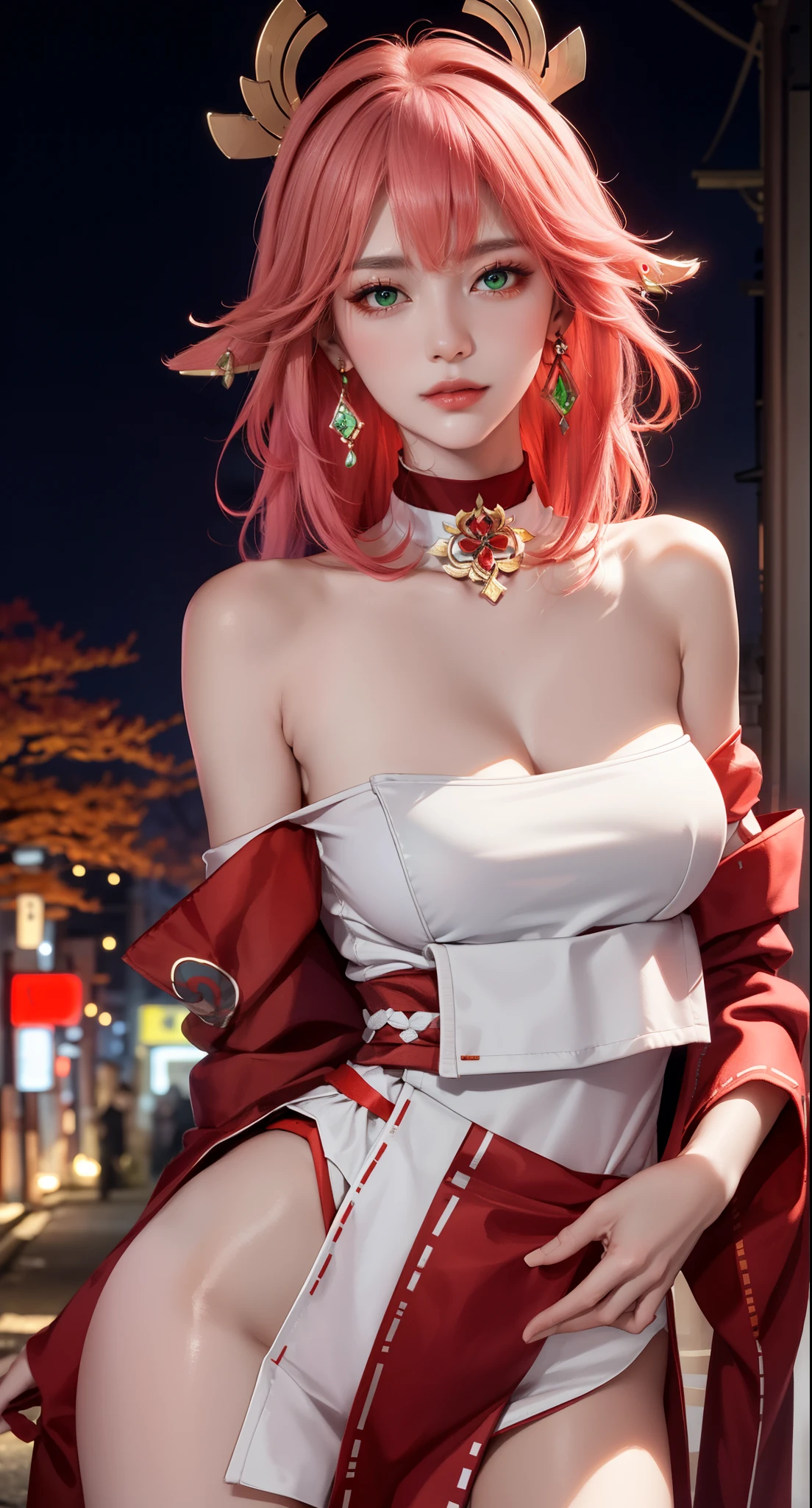 (Masterpiece, Excellent, 1girl, solo, complex details, color difference), realism, ((medium breath)), off-the-shoulders, big breasts, sexy, Yae Miko, long pink hair, red headdress, red highlight, hair above one eye, green eyes, earrings, sharp eyes, perfectly symmetrical figure, choker, neon shirt, open jacket, turtleneck sweater, graffiti, dim lighting, alley, ((mean, seductive, charming)), ((winter background))), ((japan background)))), (((luminous background))), (dynamic pose), (bend at the waist, bend down and look at viewer:1.1), tulle, bare shoulders, blooming flower fields, radiant skin, faint smile, sexy, bust, no breast cover, naked, cocked ass, tummy look