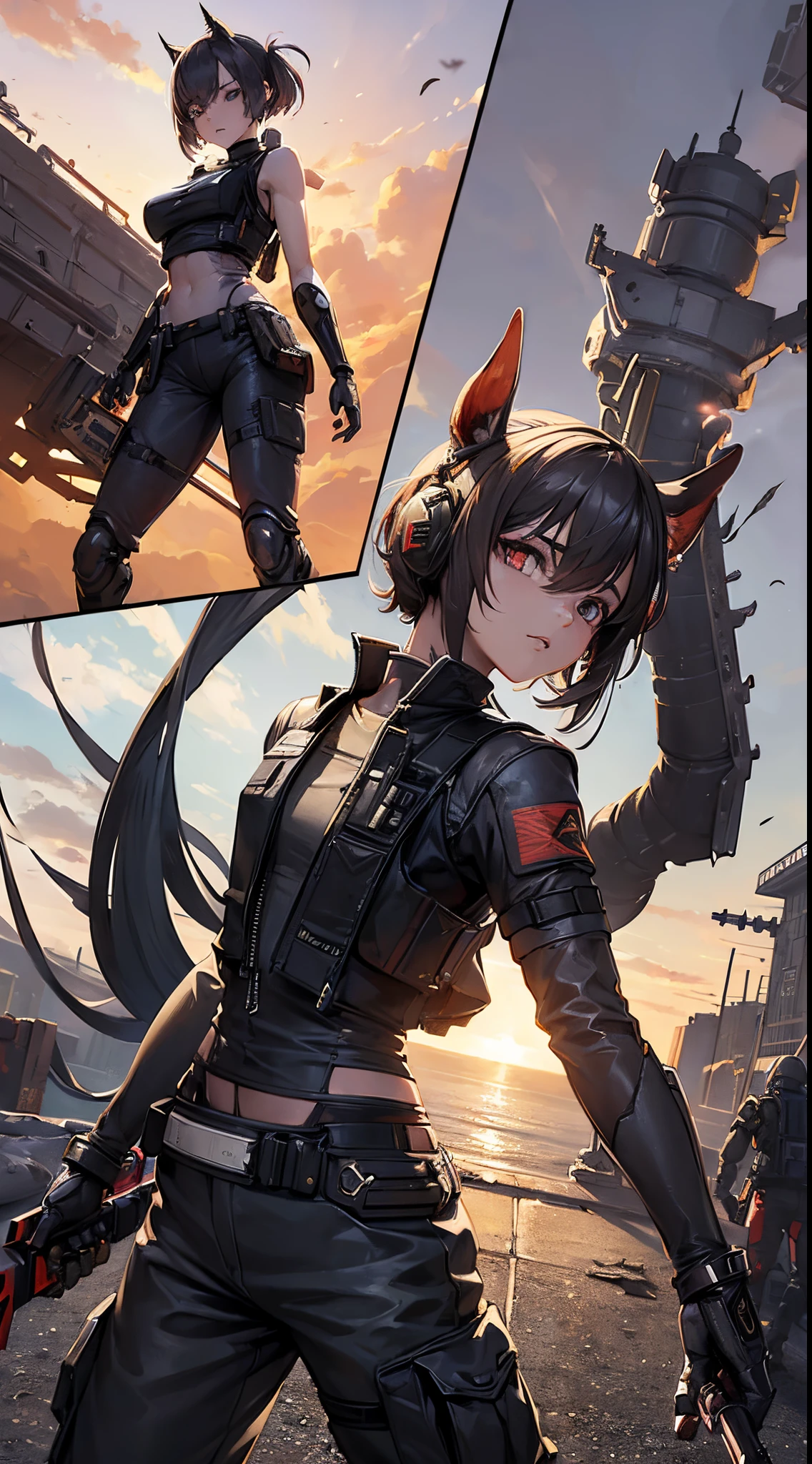 masterpiece, high quality, detailed art, concept art, character concept, ARKNIGHTS, sci-fi knights, anthro animals battle androids, (battle android model), female character android, (wearing [military|sexy|elegant:0.25] future outfit uniform with straps and accessories, cargo pants, military vest), (holding weapon), action pose, battle damage, (visible (damaged parts:1.35) of (characters android body:1.3):1.15)