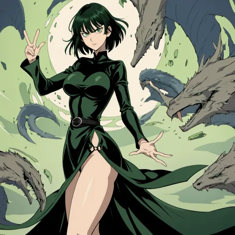(masterpiece,vibrant,detailed,highres), fubuki\(one punch man\)
 green eyes, green-black hair, (long sleeved black latex longest dress), large breasts, short hair, long skirt, solo, thighs, very long hair, one punch man, annoyed, accurate fingers, loish ha...