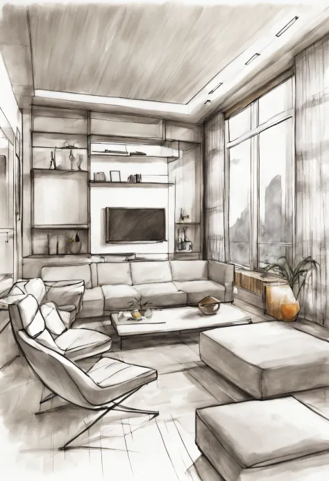 interior design sketching, more like pencil sketching, with little marker color