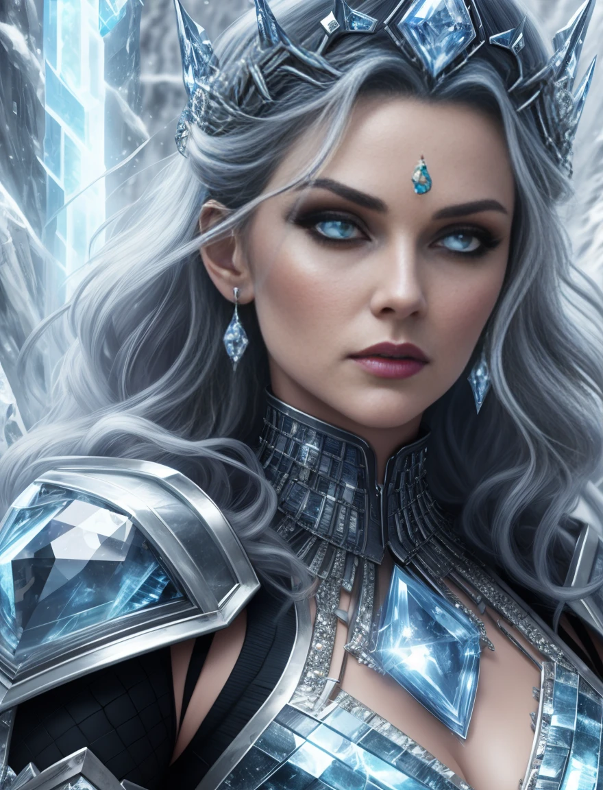 8K,Best quality,tmasterpiece,A middle-aged woman，Denim lenses，（Marvel Gothic Diamond Queen：1.3），Step out of the precious crystal world，Perfect and Beautiful Face，Smooth skin,the ultra-detailed，Ice storms，spark of light，Splashing metal shavings，fantasy concept art，insanely details，