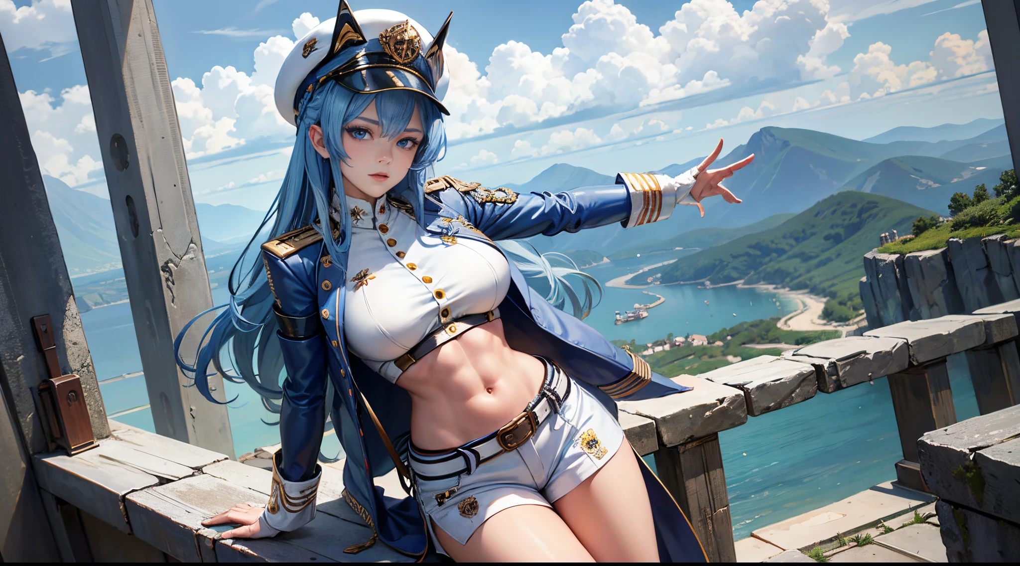 absurdres, (best quality), (masterpiece),(ultra-detailed:1.2),(highres),elaborate, (wide shot,1girl, solo, fantastic scenery,:1.3)
helm, blue eyes, blue hair, long hair, bangs, hair intakes, military hat, hairband, breasts, large breasts, leather jacket, miniskirt, midriff, abs, outside, clock tower, candid modelshoot style,