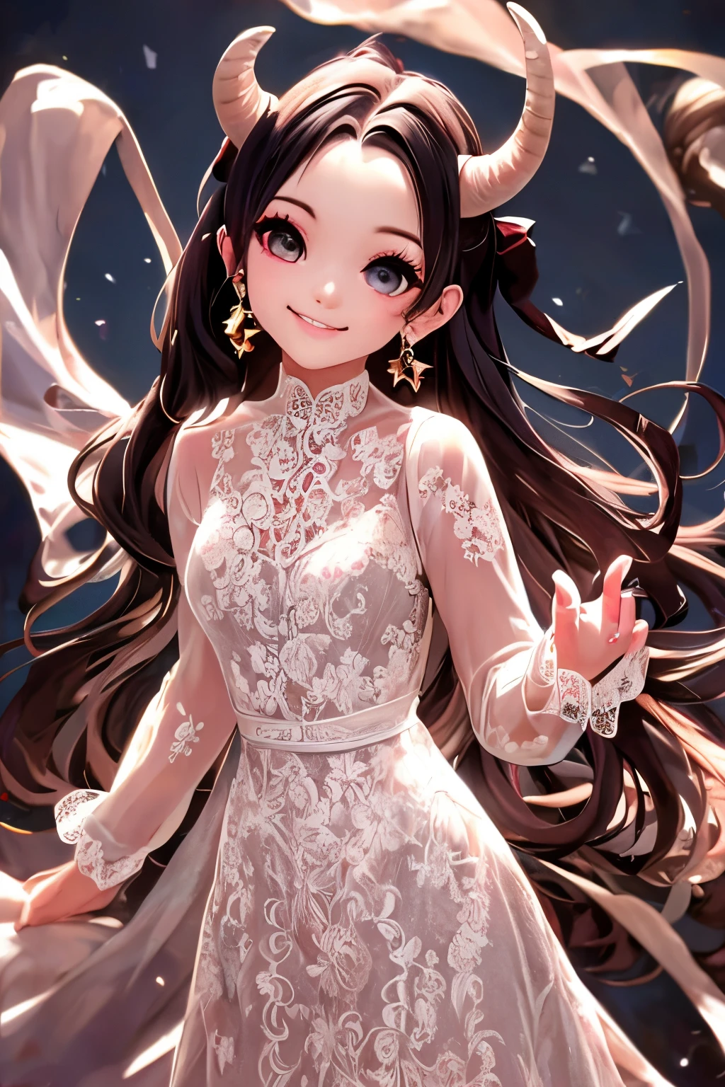 masterpiece, best quality, detailed face, a (horned demon girl) smiling, wearing a lace cloth dress, black hair, red smokey eyes makeup, (hair ribbon), choke, earrings, dramatic magic floating pose, (full body).