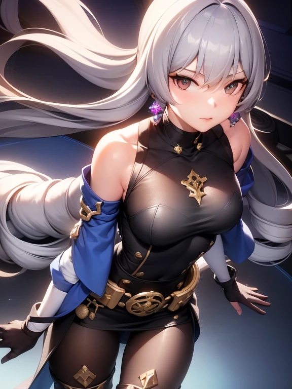pH Armor, 1girl, Jewelry, earings, Long hair, gray hairs, Bangs, drill hair, bare shoulders, gray eyes, thigh boots, thights, thights, Hair between the eyes, knee boots, elbow gloves,Sleeveless, black gloves, twin drills, belt, leggins, whitedress, pectoral muscles, small breasts, black footwear, long sleeves, Colorful, Hyper Detail, Dramatic light, intricate details, (sharp face hair between eyes,Dynamic Angle), A crowd of people in the background, army