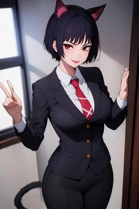 Cute girl, short hair, wearing a formal suit, Tie, big chest, sexy, lipstick, Smiling face, beautiful eyes, black hair, Hair nea...