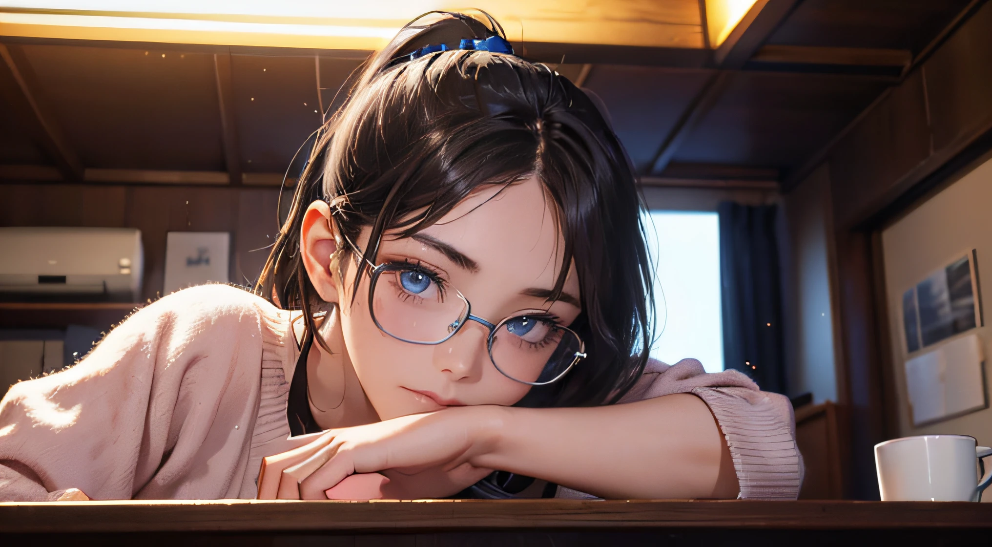 close up shot of a young female student, 20 years old, perfect symmetrical face, freckles, blue eyes, ponytail, glasses, perfect hands, relaxed look, wearing pajama, writing on a desk in her dorm room, cozy atmosphere, far night Tokyo, neon lights, light flares, moonrays, coffee mug, inspiring sensation, wide-angle shot, cinematic shot, , masterpiece, 8k.