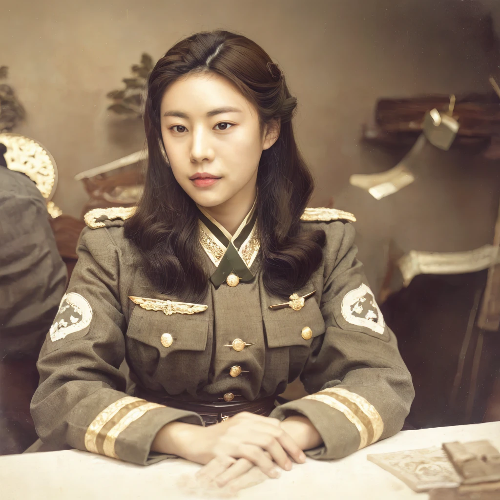 a goyoonjung in uniform sitting at a table, inspired by Sim Sa-jeong, tumblr, dau-al-set, background is heavenly, vintage old, krystal, innocent smile, set in ww2 germany, avatar image, ji-min, holding khopesh, official, detailed picture, young wan angel, still picture, profile pic