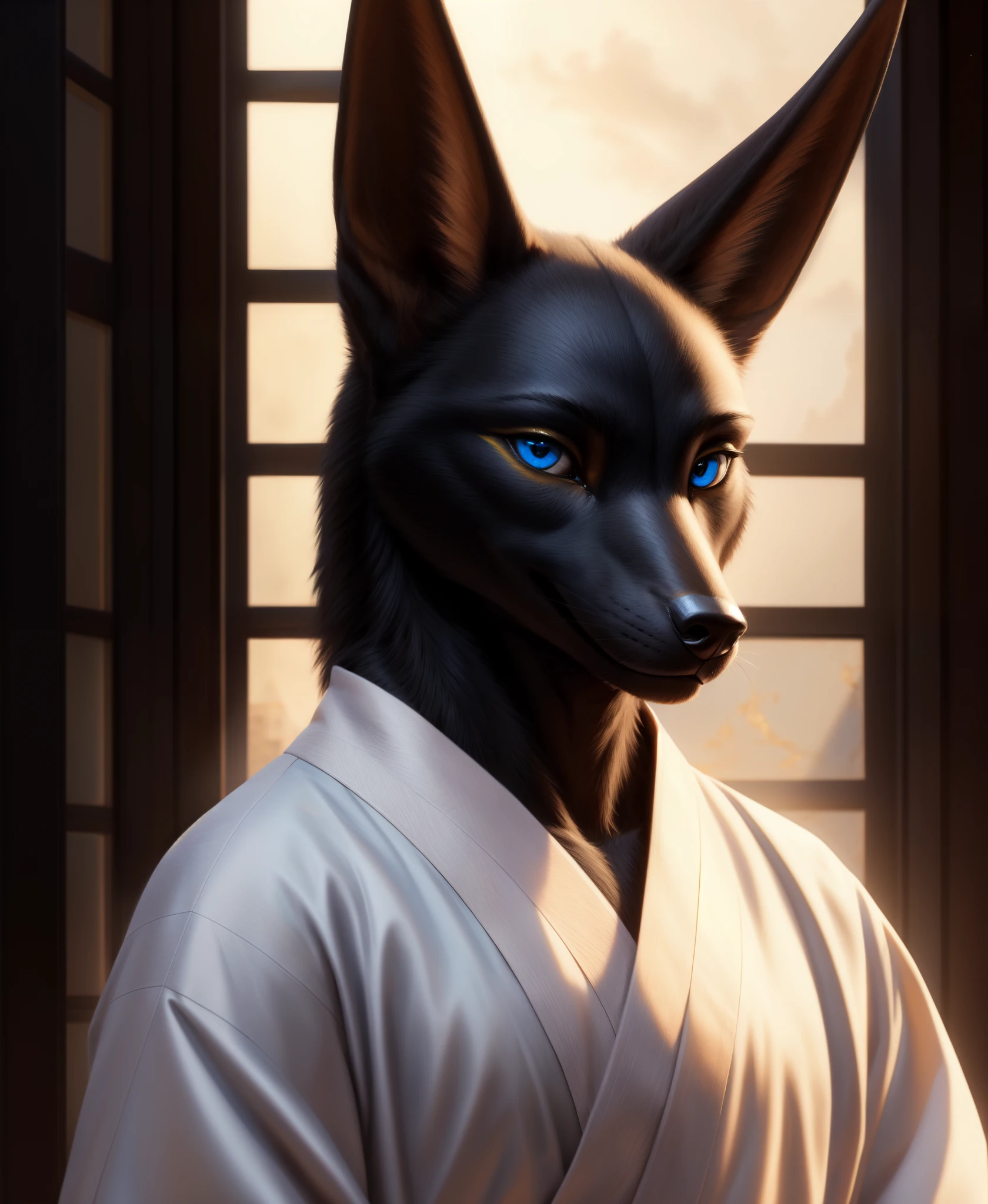 real e621, photorealistic, masterpiece, anubian jackal, smiling at viewer, wearing kimono, sharp blue eyes, looking at viewer