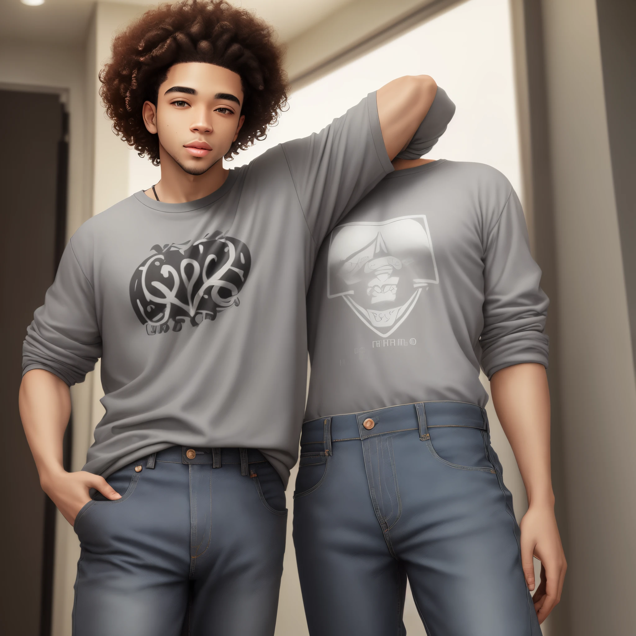 Two men in grey shirts and jeans standing next to each other - SeaArt AI