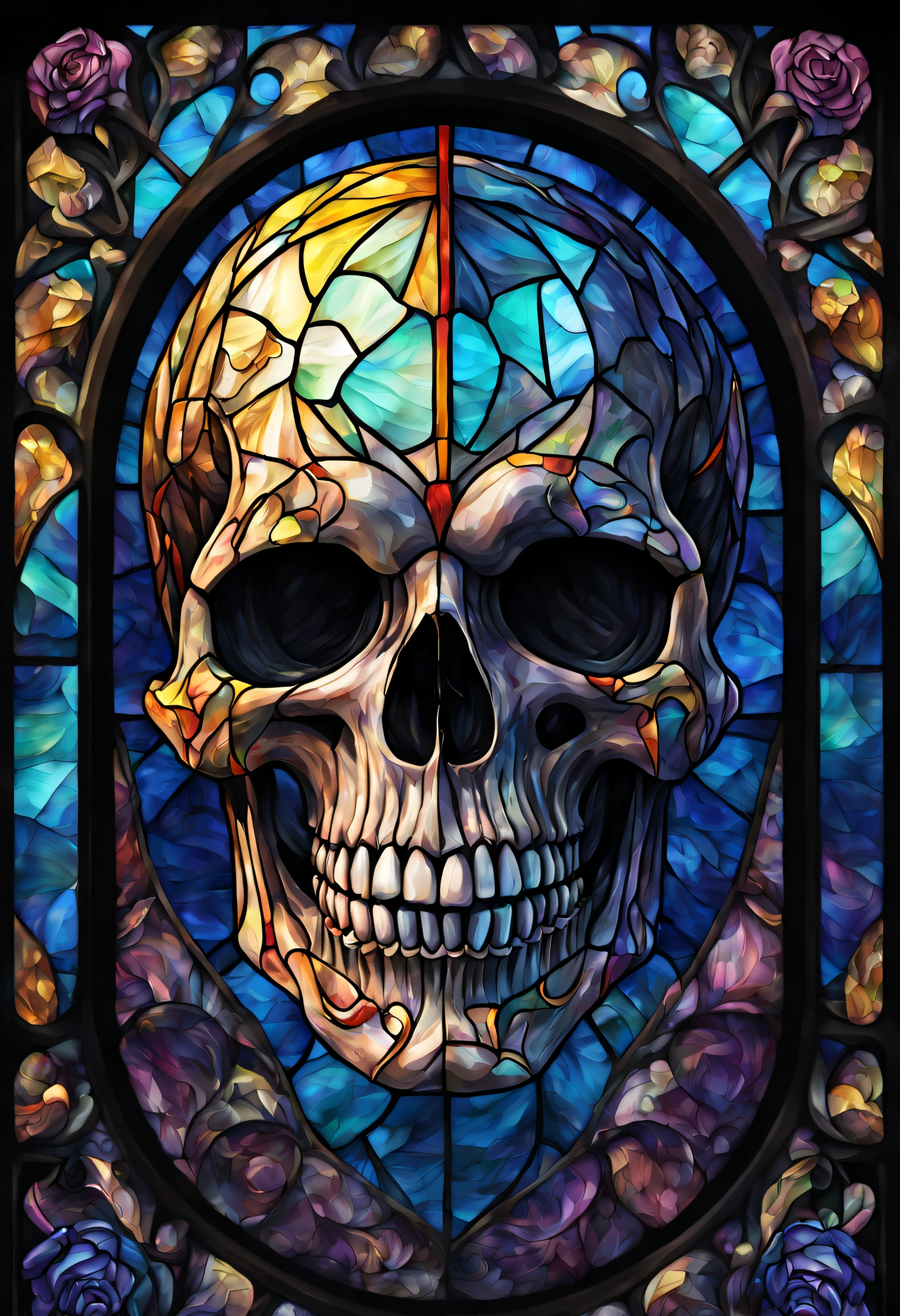 A realistic colored stained glass windows skull, beautiful and detailed. Which explodes when falling to the ground, the projections are textured like colorful dust