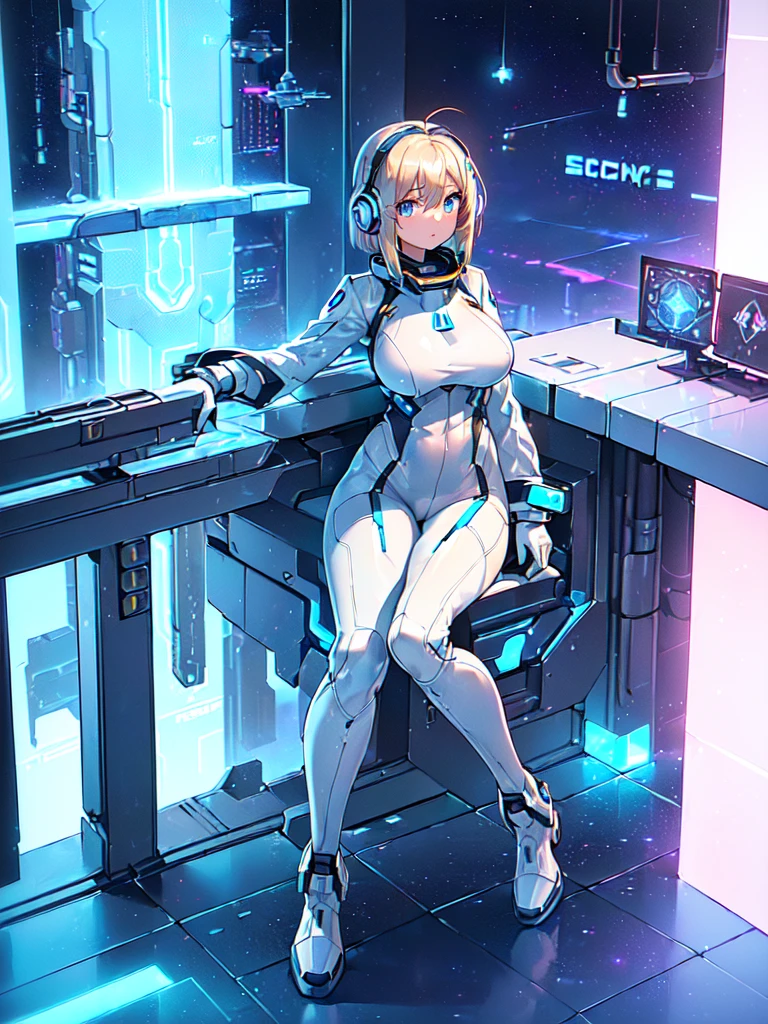 ​masterpiece:1.4, 1girl in ((20yr old, Wearing a futuristic white and silver costume, Tight Fit Bodysuit, long boots, Very gigantic-breasts, Multicolored blonde hair, a short bob, Perfect model body, Blue eyes:1.4, Wearing headphones, Flirting, Looking out the window of the futuristic sci-fi space station、While admiring the beautiful galaxy:1.2, SFSF control room on night background:1.1, Neon and energetic atmosphere:1.2)) ((Galaxy)) ((Solo:1.6))