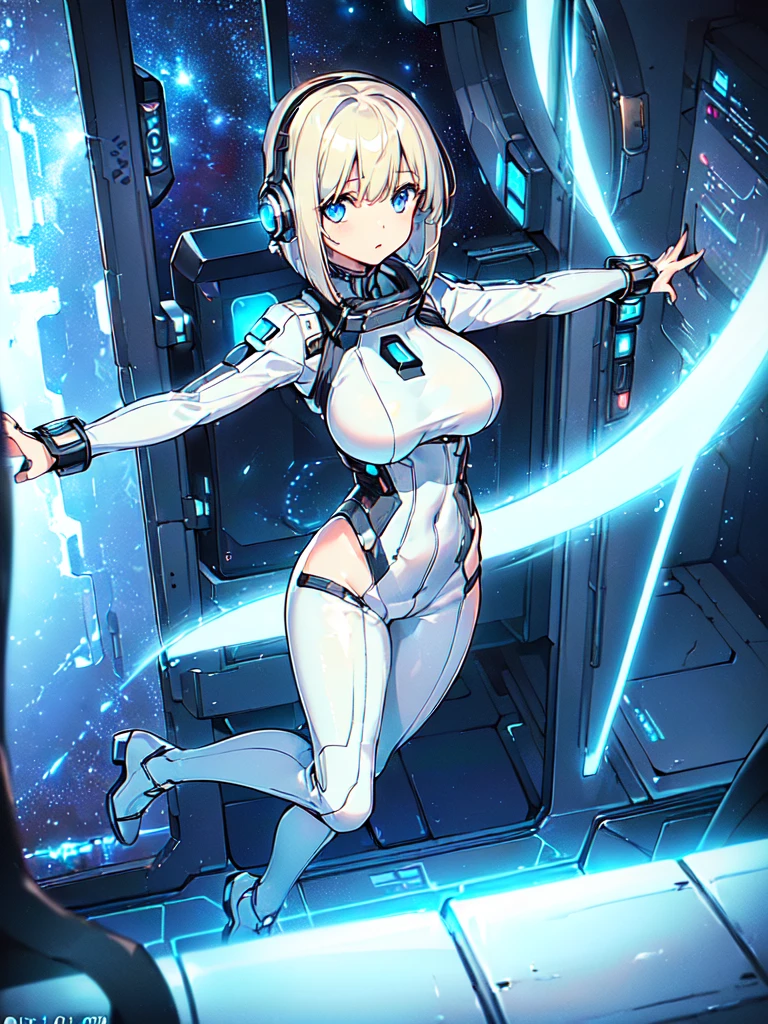 ​masterpiece:1.4, 1girl in ((20yr old, Wearing a futuristic white and silver costume, Tight Fit Bodysuit, long boots, Very gigantic-breasts, Multicolored blonde hair, a short bob, Perfect model body, Blue eyes:1.4, Wearing headphones, Flirting, Looking out the window of the futuristic sci-fi space station、While admiring the beautiful galaxy:1.2, SFSF control room on night background:1.1, Neon and energetic atmosphere:1.2)) ((Galaxy)) ((Solo:1.6))