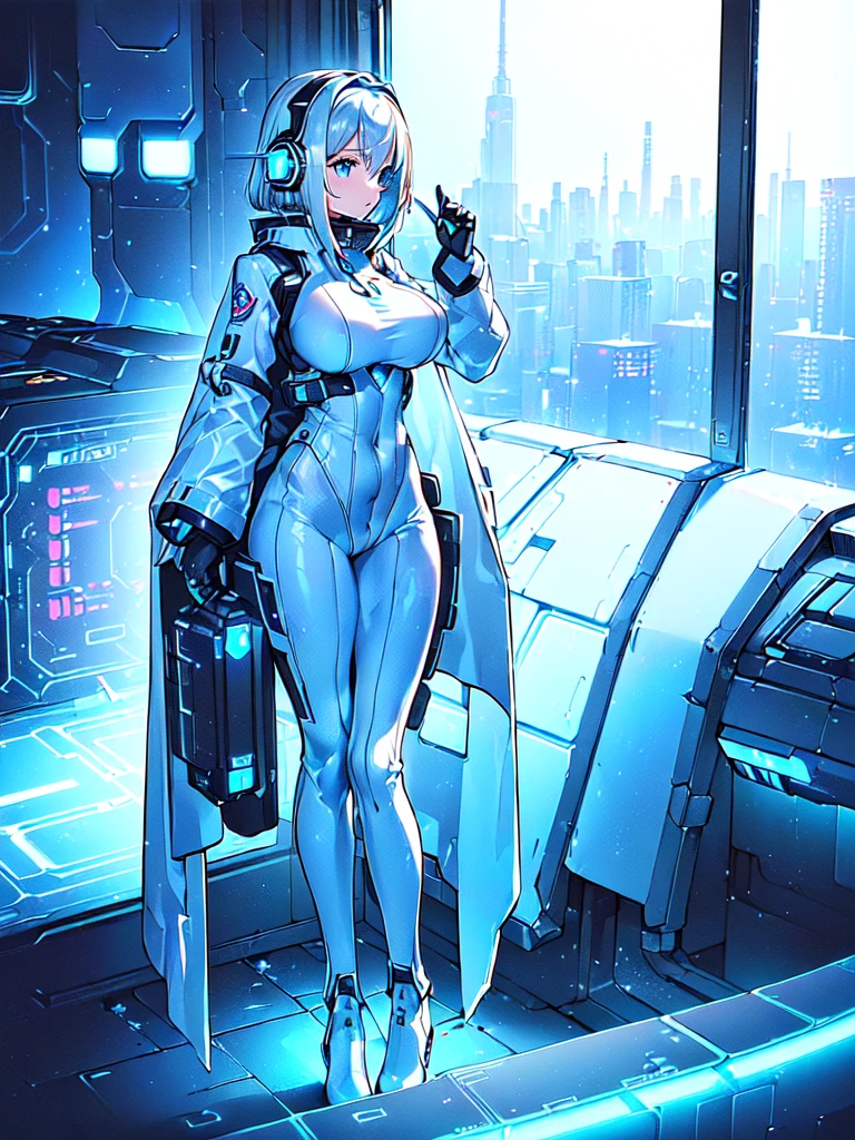 傑作:1.4, 1人の少女 ((20歳, 白と銀の近未来的な衣装を着て, タイトフィットボディスーツ, ロングブーツ, 非常に巨大な胸, 多彩なブロンドの髪, ショートボブ, 完璧なモデル体型, 青い目:1.4, ヘッドフォンを着用する, いちゃつく, 近未来SF宇宙ステーションの窓から外を眺める、美しい銀河を眺めながら:1.2, 夜の背景にSFSFコントロールルーム:1.1, ネオンとエネルギッシュな雰囲気:1.2)) ((銀河)) ((一人で:1.6))