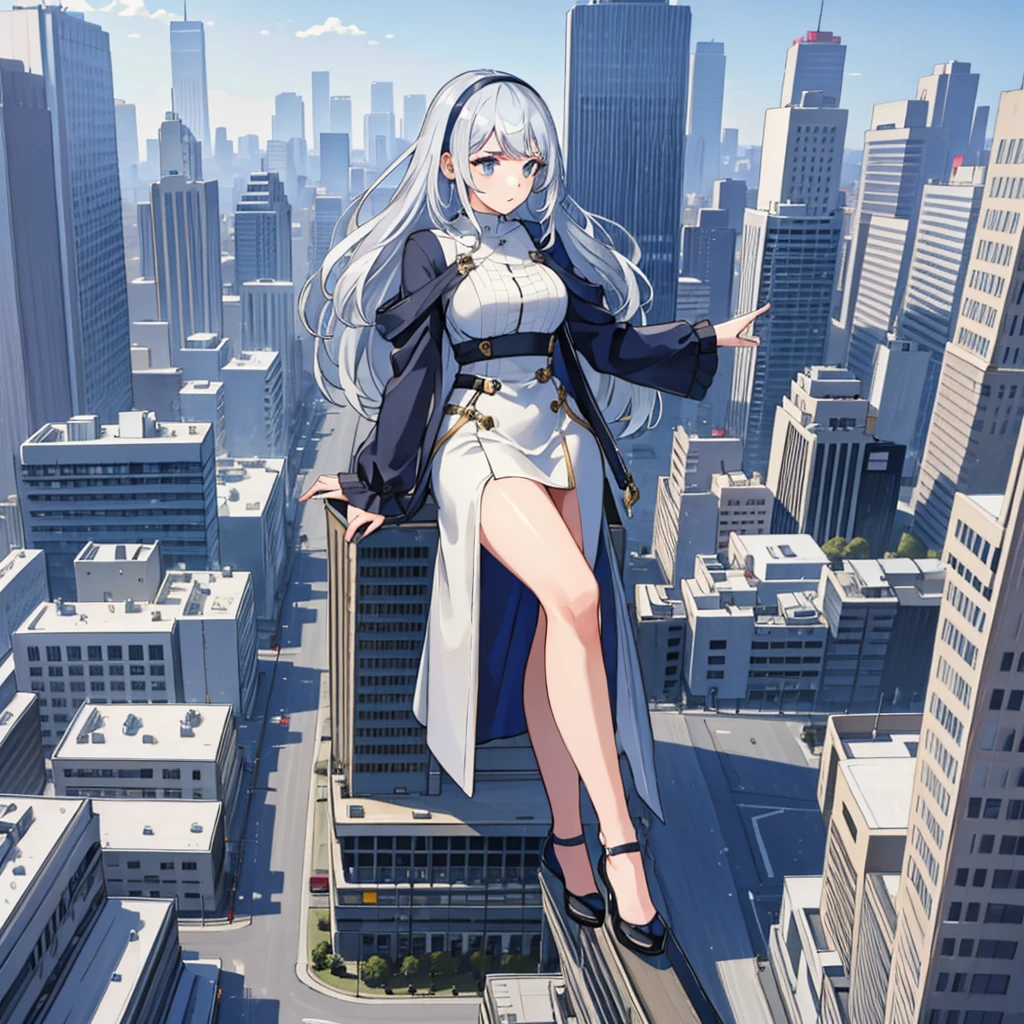 (detailed shaded pretty face), (1 girl), full body shot, skin, silver hair, giantess, gts, Cityscape, rampage, cars, people