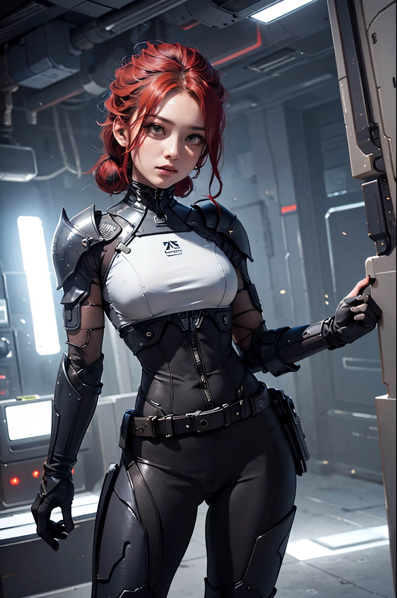 (CORPO de mulher LATINA, quadris largos:1.3), segurando arma,((dedos precisos, dedos corretos, lindos dedos)),armadura futurista em baús pequenos, Mulher asiática de 37 anos, poses dinâmicas,alça de equipamento de cabelo vermelho na cintura, arma no quadril, (Maiô :1.2), (luvas de armadura mecânica:1.3),trajes cibernéticos femininos,(Mecânico armor leggins:1.2), Mecânico, eletricidade, detalhe elaborado,armadura em estilo cyberpunk, ciborgue feminino.campo de batalha de diversos trajes cibernéticos, Tiro certeiro, plano integral fotografia, câmera de baixo ângulo,