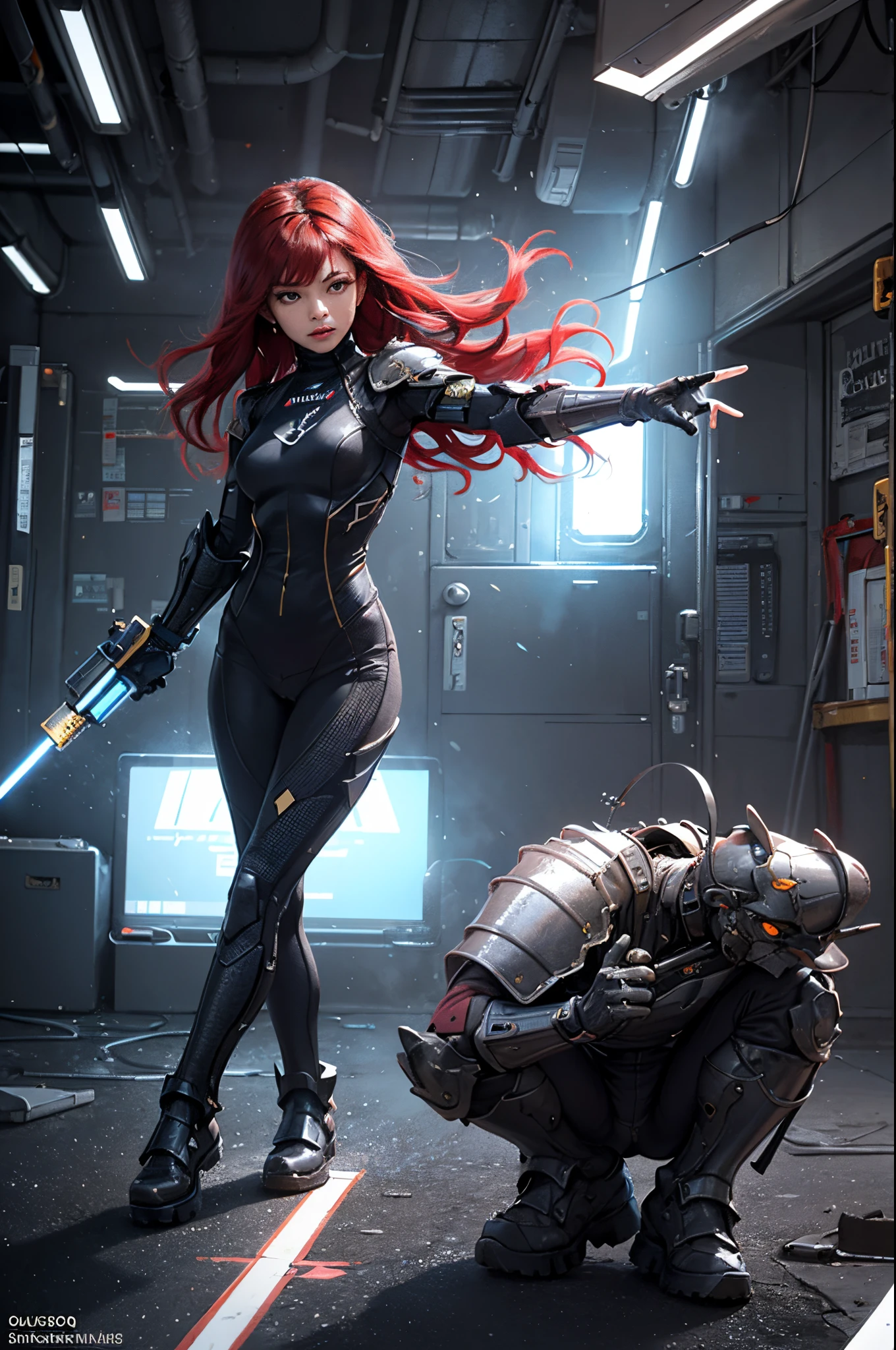 (LATIN woman BODY, WIDE HIPS:1.3), holding gun,((precise fingers, correct fingers, beautiful fingers)),futuristic armor on small chests, 37 year old Asian woman, dynamic poses,red hair, asian eyes, equipment strap on the waist, gun on the hip, (bodysuit :1.2), (machanical armor gloves:1.3),female cybersuits,(mechanical armor leggins:1.2), mechanical, electricity, elaborate detail,armor in cyberpunk style, female cyborg.diverse cybersuits
battle field, Full shot, plano integral fotografia, low angle camera,
