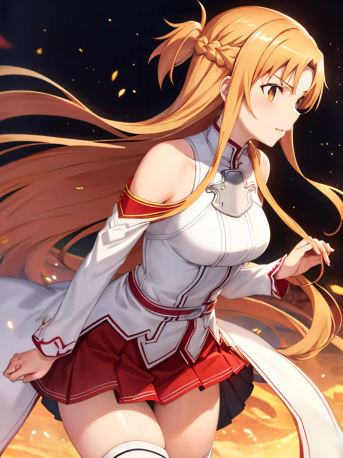 Asuna Yuki(Sword Art Online), dynamic angle, Long bronze hair,braid,Brown eyes,Detailed eyes,Large chest line,roll forward,armature,chest flap,White shirt with long sleeves,Detached sleeves,Red and white skirt,pleatedskirt,Lifelike,Her thin legs are so cute.,Very beautiful long legs.,white thighhig,garters,Perfect body,Lifelike,Standing,white lace luxury panties,fighting style,fighting pose, dynamic pose hand holding a luxury gripping luxury in hand,up skirt,