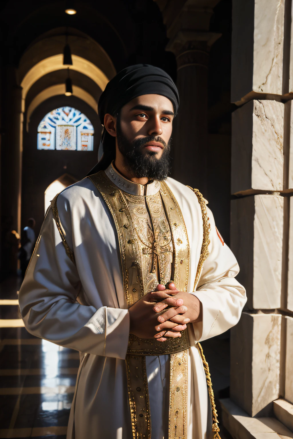 25 year old darked skinned bearded Hebrew Daniel praying in the court of Babylon dressed in beautiful Babylonian wiseman clothes like Nebuchadnezzar