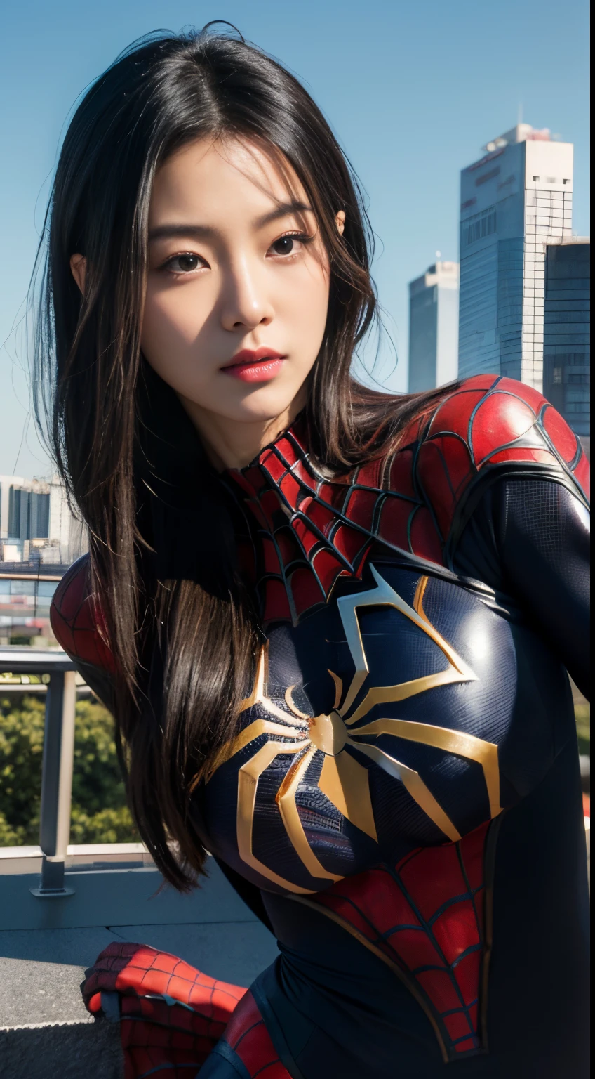 A close up of a woman in a spider - man suit posing for a picture - SeaArt  AI