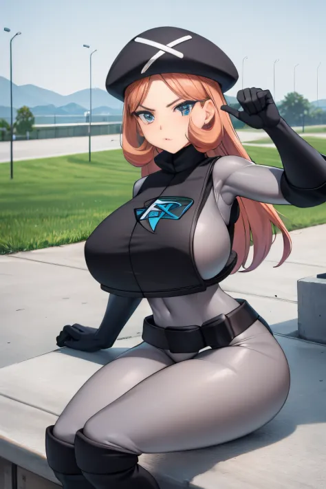 masterpiece, best quality,  pkmntpg, beret, (gray bodysuit), vest, belt, black gloves, ((gigantic breasts)), sitting on bench, looking at viewer, seductive, black boots, skinthight bodysuit, sideview, stretching fabric, thick thighs