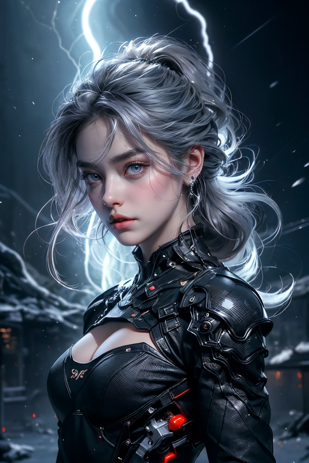 ticker mechanism, Beautiful eyes, Upper body, （Mechanic Armor）, Portrait、abyss、lightning from hand、flying though the air、flawless、Neon light, 8K, raw, Best Quality, masutepiece, 超A high resolution, Colorful, (medium wide shot), (Dynamic perspective), foco nítido , (depth of fields, Bokeh:1.3), extremely detailed eye and face,ninjartist, Beautiful detailed eyes、Black gold, Trimmed gear:1.2), ((masutepiece, Best Quality)), Detailed background, Inside the spacecraft、Hold your weapon、（Gray hair）、brue eyes、poneyTail、dirty、bio luminescent、lots of crescent moons、Photographed with Canon R5、Dark Fantasy,​masterpiece,connected to the plug、spectrum、Space City、Highly detailed beautiful porcelain profile female android face、Complex 3D rendering of a headset、cyborgs、roboticparts、150mm、Beautiful studio soft lights、Rim Light、Vivid details、luxuriouscyberpunk、Ren Hao、surrealistic、Anatomical、face muscles、cable electric wireicrochips、elegent、beatiful backgrounds、octan render、HR Giger Style、8K、top-quality、​masterpiece、illustratio、extremely delicate and beautiful、ighly detailed、nffsw ,Unity ,wall-paper,magnifica, Attention to detail, ​masterpiece,top-quality,Official art,Highly detailed ticker Unity 8K wallpapers、、Silver Halmet、((full body Esbian))