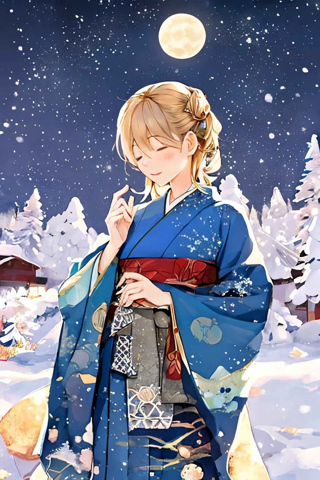 watercolor paiting、Pale shades、Beautiful colors、parfect anatomy、Kimono、Girl in Japanese Clothes、cowboy  shot、Girl Closing Her Eyes、Cute  s、Snowy night、Beautiful starry sky、fullmoon