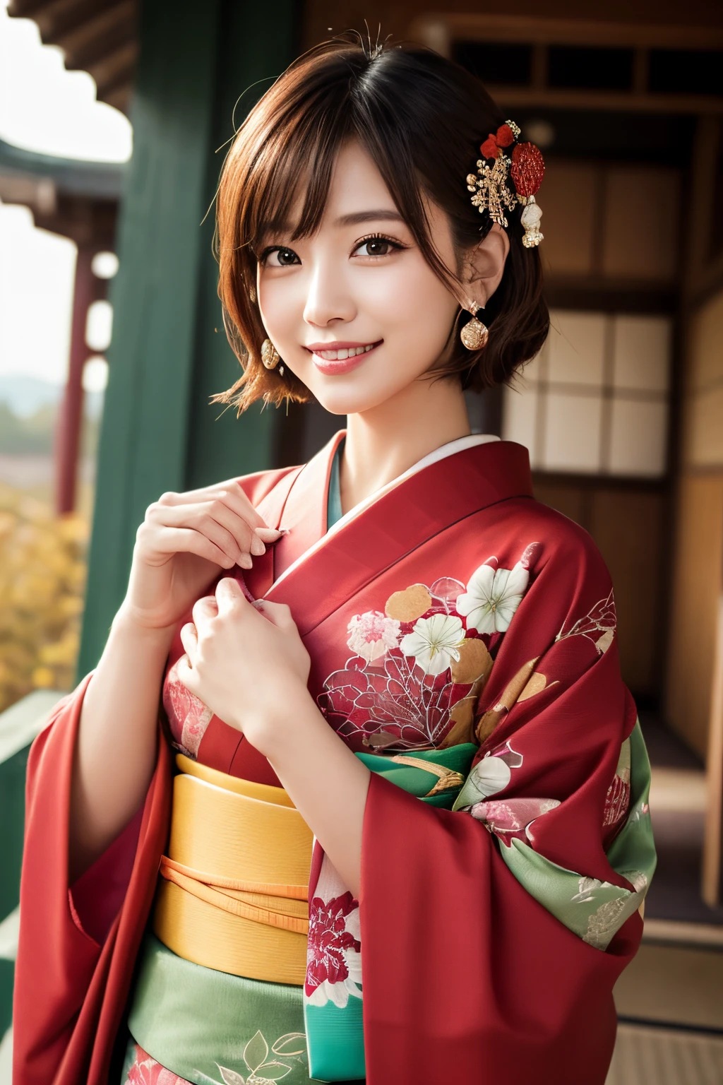 ((masterpiece)), ((best quality)), (ultra-detailed), ((kawaii)), cute, (lovely), ((extremely detailed)), 4K, (8K), best quality, (beautiful), illustration, Cowboy Shot, Japanese temple, green meadow, evening, autumn, a pretty woman, Japanese, solo, (red color kimono:1.3), beautiful red hair, beautiful brown eyes, ((beautiful eyes)), (light brown-skinned), (short hair:1.2), hair ornaments, earrings, light smile, lens flare, shiny